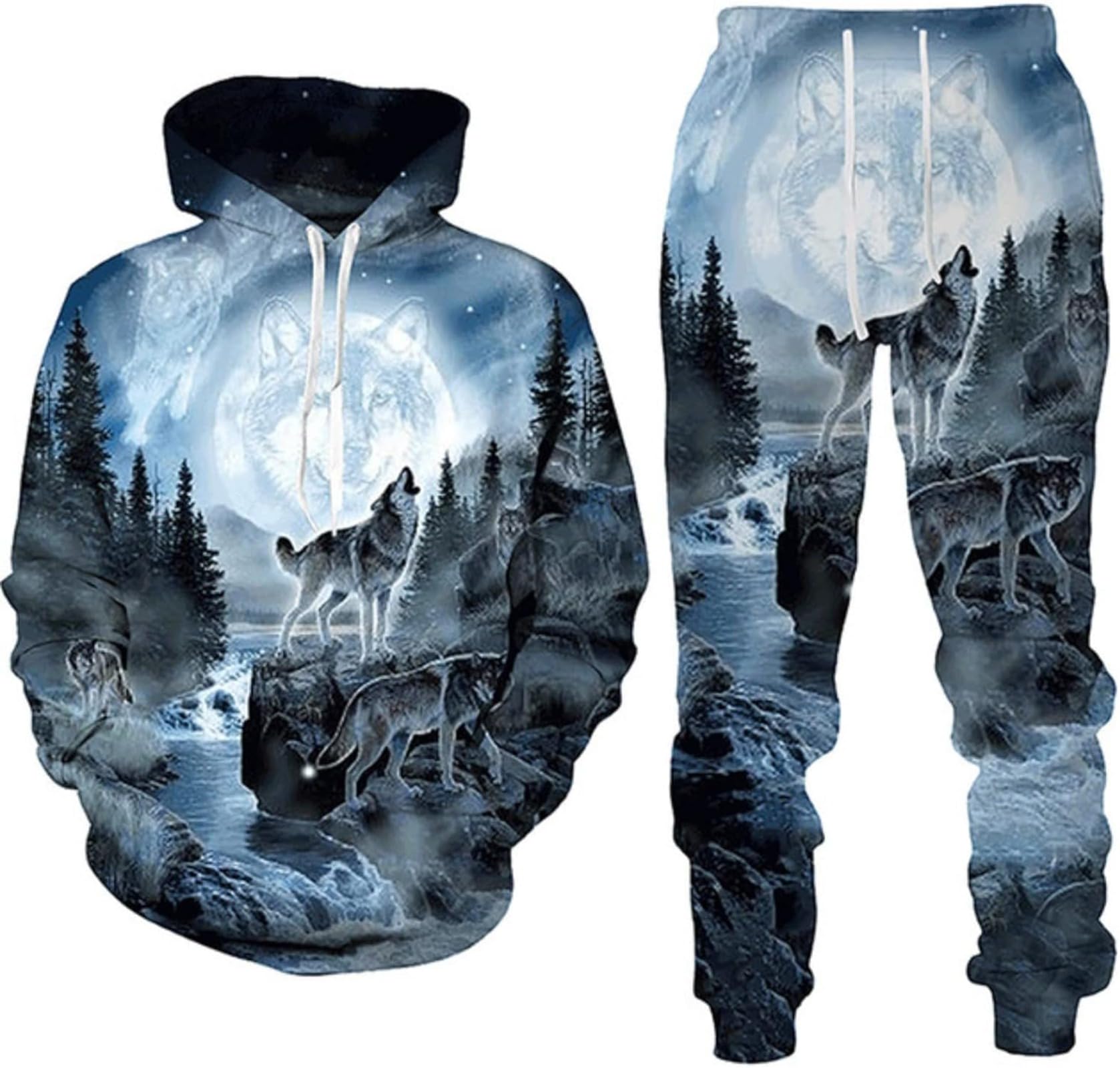 hiegi 3D Wolf Men's Tracksuit, Hoodies+Long Trousers, Jogging Suit, 2-Piece Set for Men, 5XL