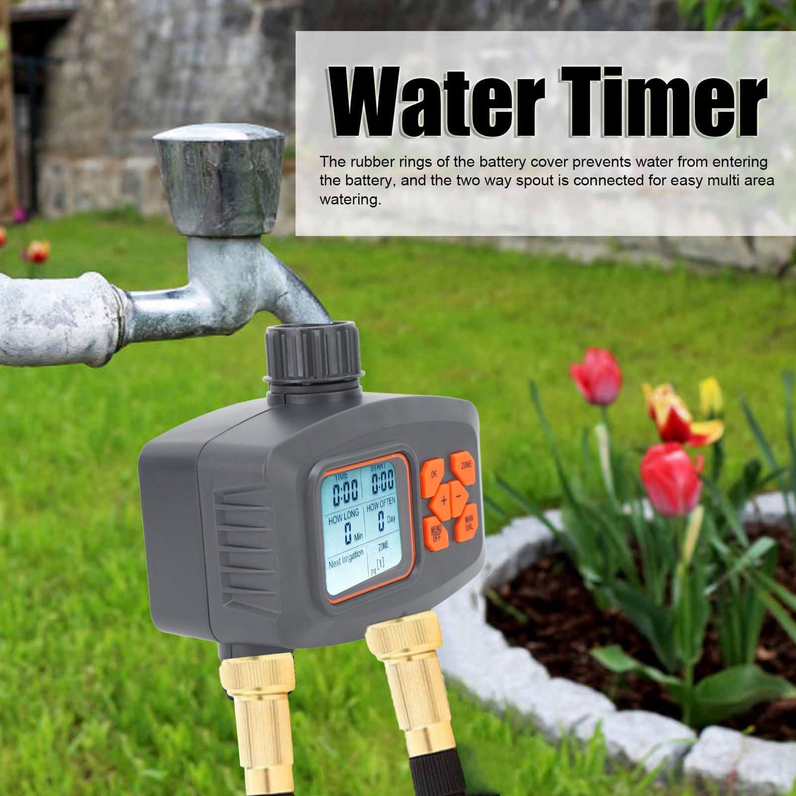 Programmatore per irrigazione a doppia uscita per prato, programmatore per irrigazione da giardino con design antipioggia, timer programmabile per rubinetto per sistemi