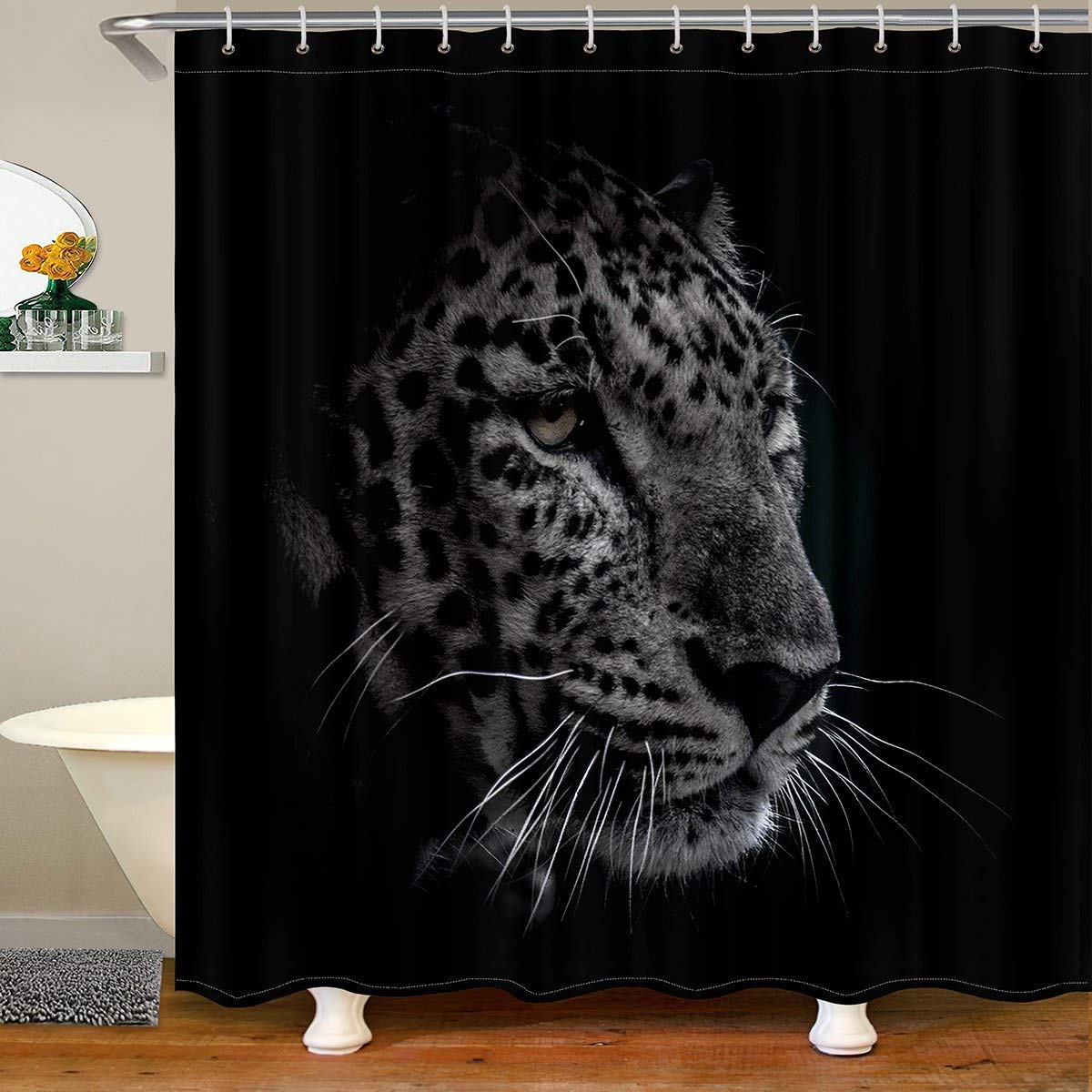 Panther Duschvorhang Wasserdicht – 183x183 Cm, Polyester, Mit 12 Haken, Schwarz/gold, Wildtier-Muster