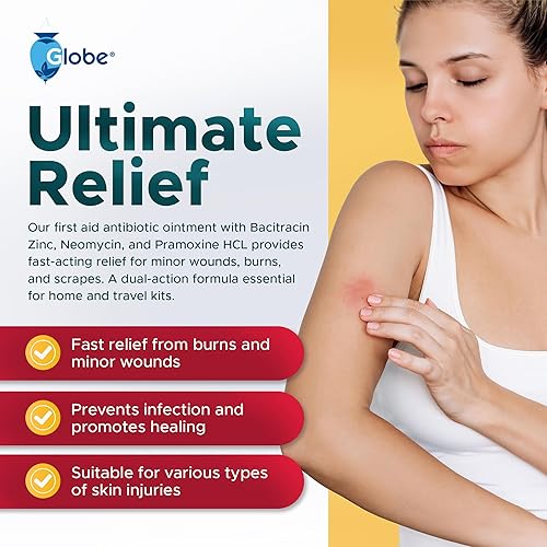 Miniatura 4 de Globe First Aid Antibiótico Burn Relief, ungüento antibiótico triple de máxima fuerza para protección contra infecciones 24 horas, 2 onzas