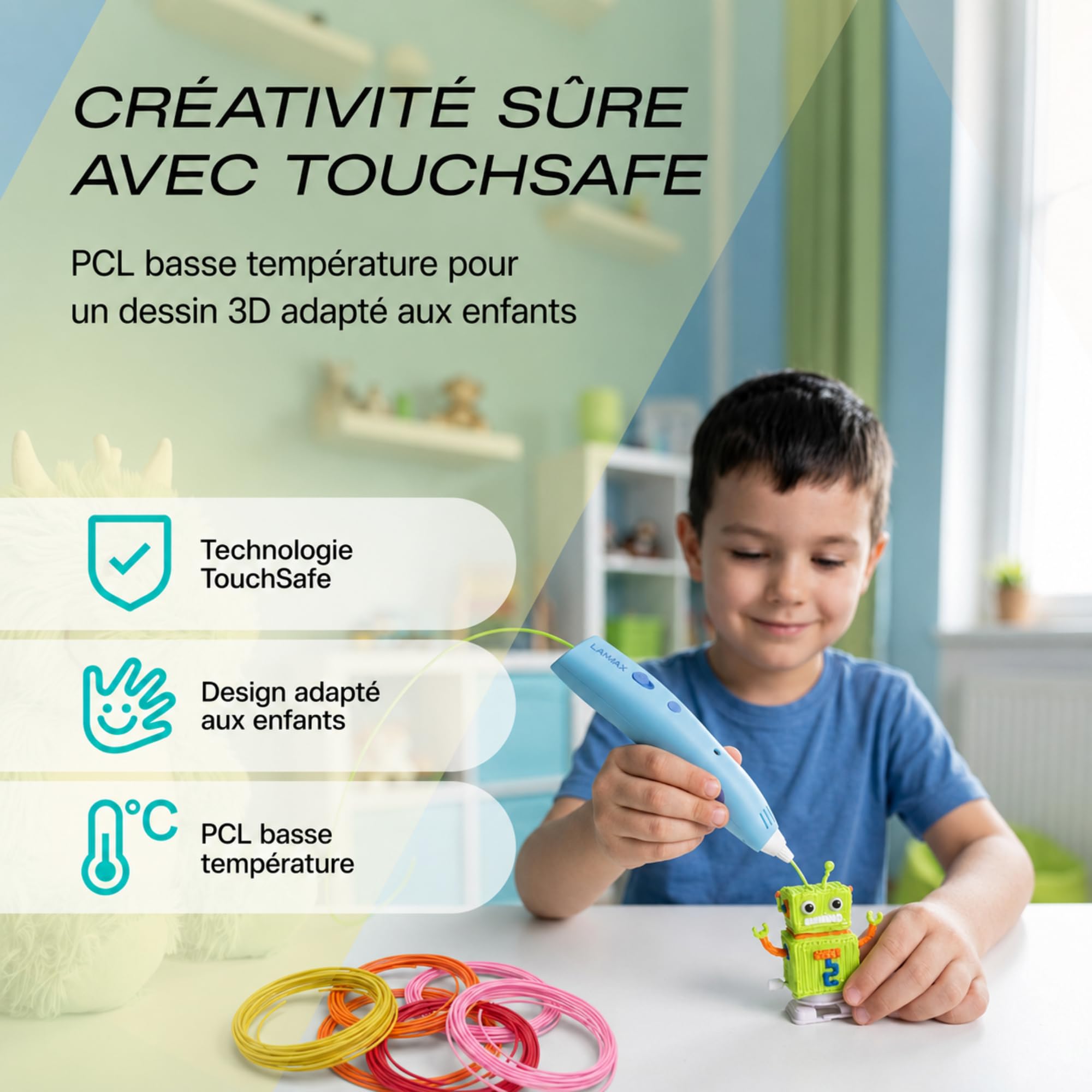 LAMAX ArtKid1 Stylo 3D, stylos 3D pour enfants, recharges hypoallergéniques non toxiques, 2 vitesses, 2 niveaux de température, 12 recharges, diamètre du filament (remplissage) 1,75 mm (bleu)
