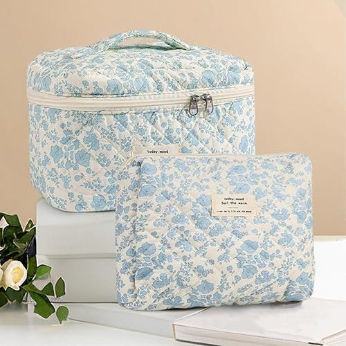 Miniatura 4 de Bolsa de maquillaje floral de 2 piezas, bonita bolsa de maquillaje, juego de bolsa de maquillaje acolchada de algodón para mujeres, bolsa de