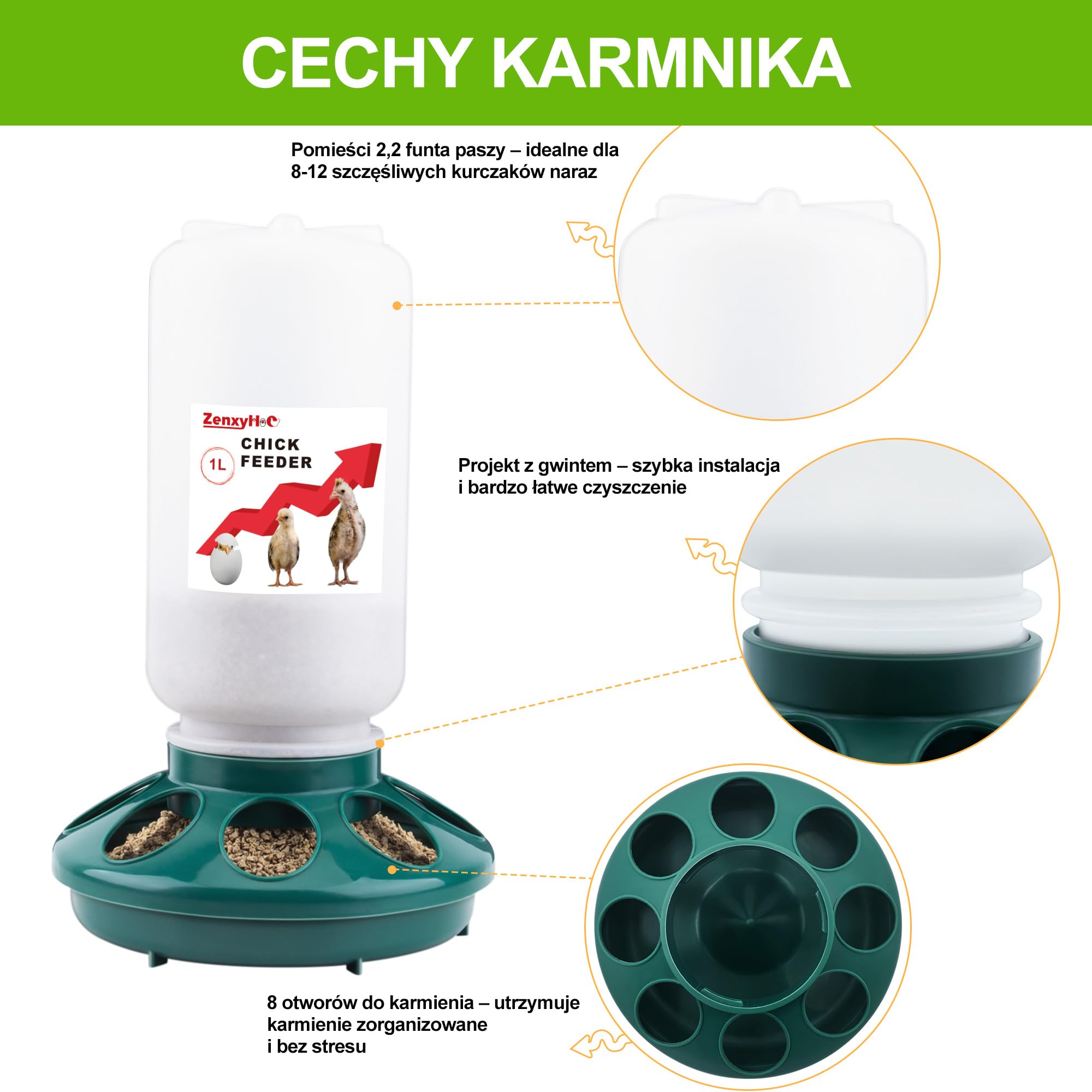 ZenxyHoC Zestaw do poidła dla piskląt, automat do karmy dla kurcząt, 1 kg i poidło 1,5 l z 3 regulowanymi wysokościami (zielony)