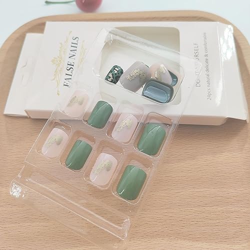 Miniatura 3 de Uñas cortas a presión con estampado de leopardo verde, uñas postizas cuadradas acrílicas de cobertura completa con diseños gráficos de lámina