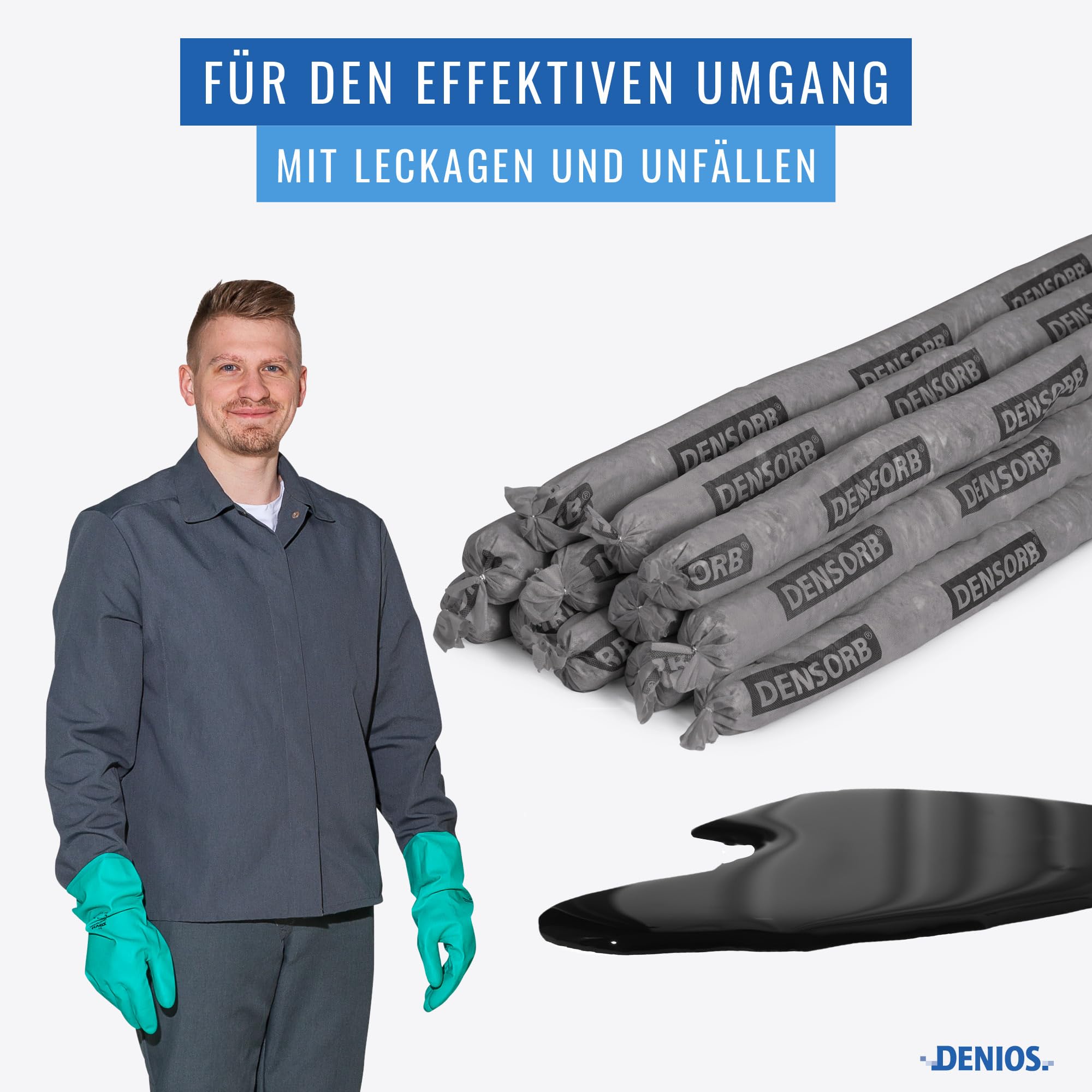 DENSORB Universalbindemittel Aufsaug-Schlangen zum Eindämmen von Leckagen, Länge 1,8 m, 12 Stück