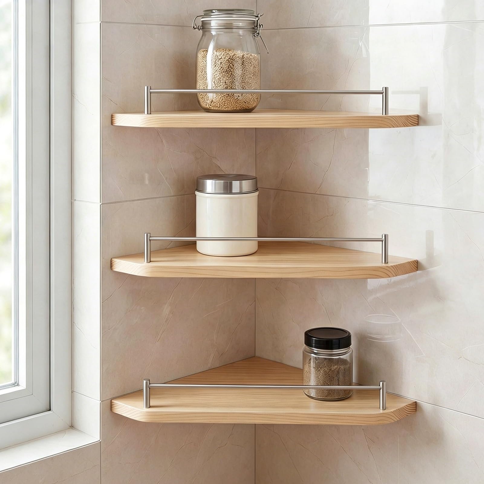 Blazea 3Pcs Anti-Drop Shelf Guard Rail For Wood Shelves, Solid Stainless Steel Floating Shelf Railing Hardware For Spice Rack, Kitchen Pantries Cabinet Storage Safety Bar(,33In(84Cm))