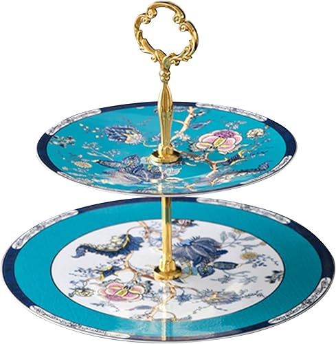 ACMLIFE Soporte de porcelana para tartas de cerámica con platos de postre azules de 2 niveles, bandeja de torre de exhibición de aperitivos, postres