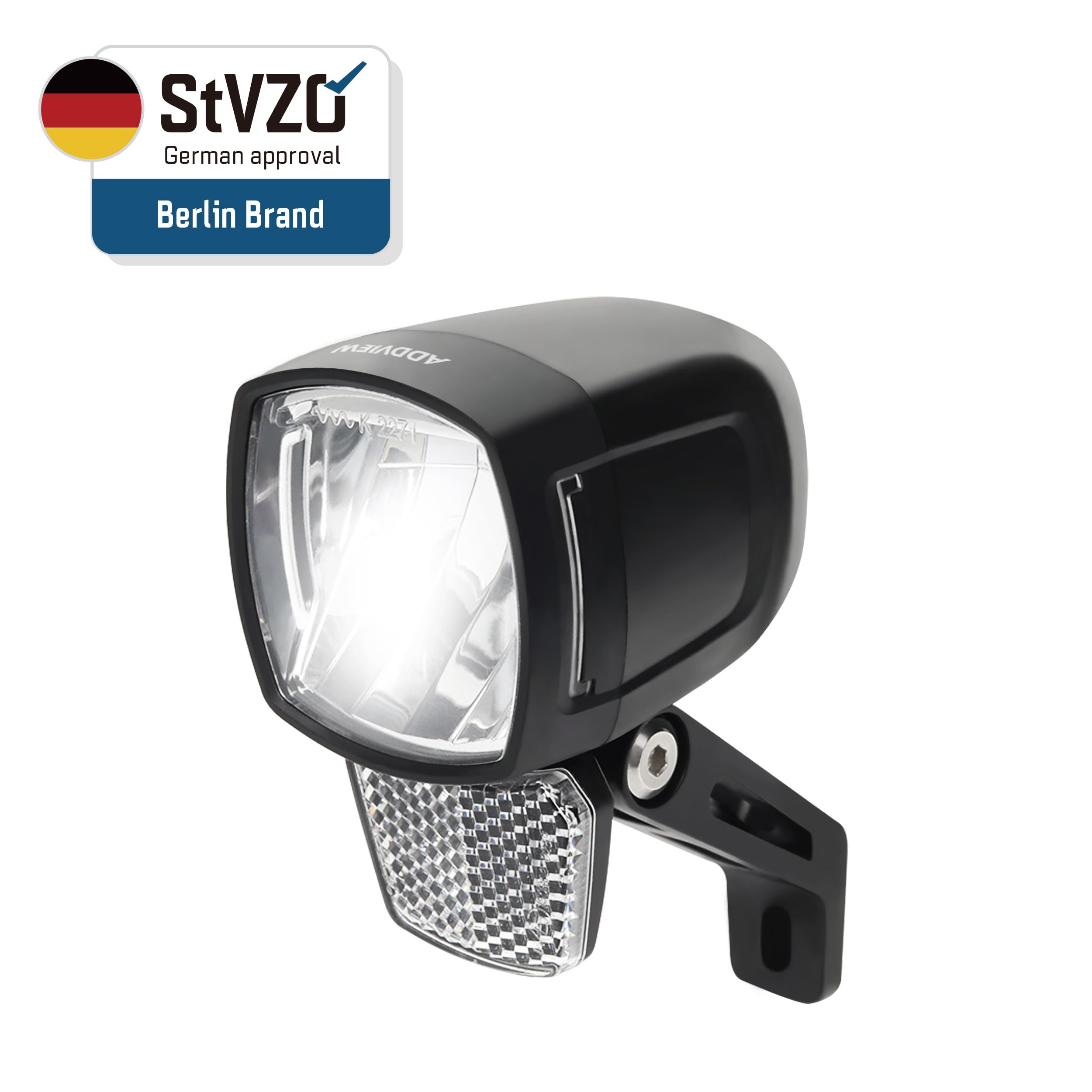ADDVIEW E-Bike Frontlicht 170 Lux Hammer E170 – LED Fahrradlampe, StVZO & ECE zugelassen, Aluminium/ABS Gehäuse, IP65 wasserdicht, DC 8–48V, Seitenlicht, für E-Bikes & Pedelecs