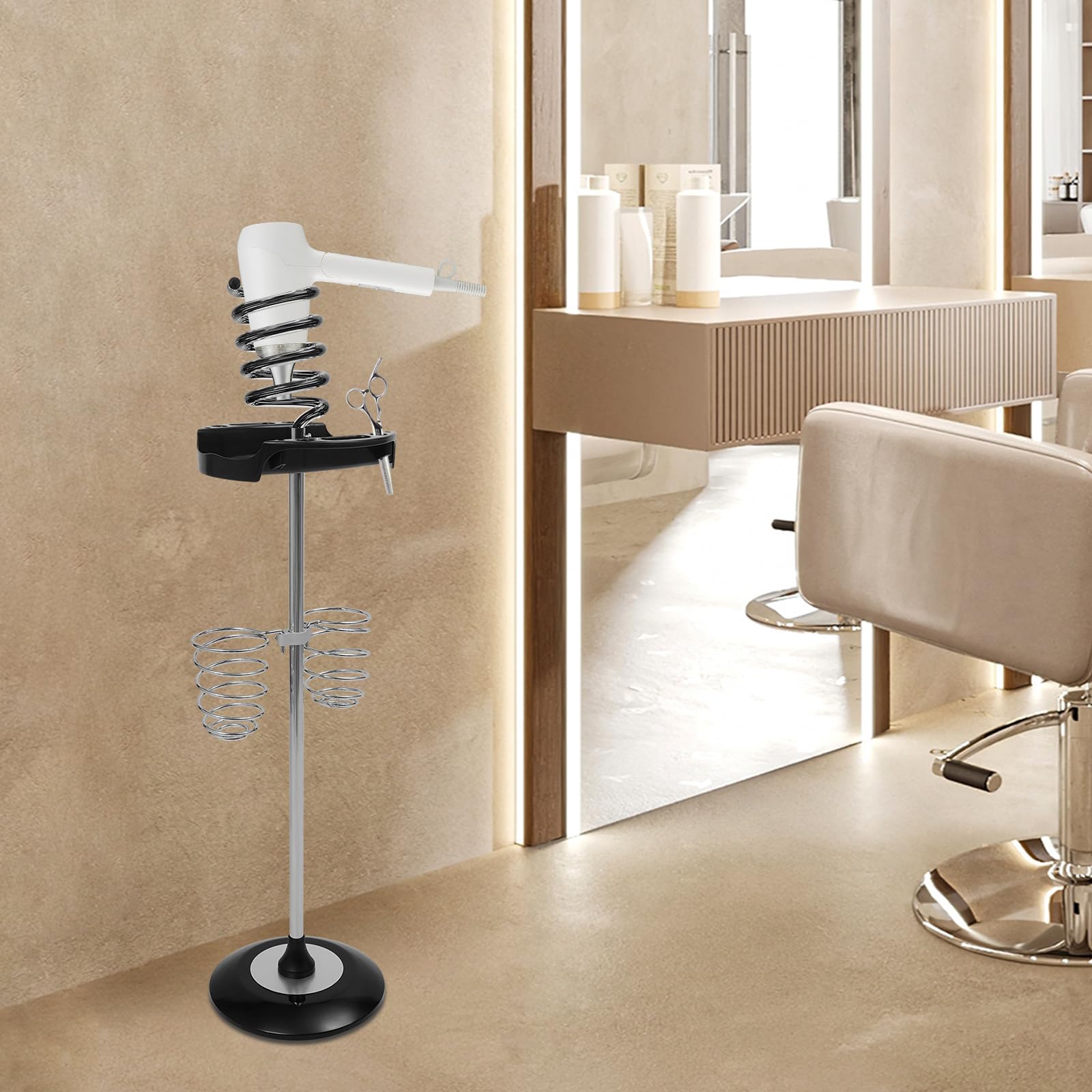 Soporte para secador de pelo de 10 x 35.44 pulgadas, aparatos de peinado con bandeja, dos soportes en espiral, soporte superior acrílico de estilo giratorio para secador de pelo, plancha plana