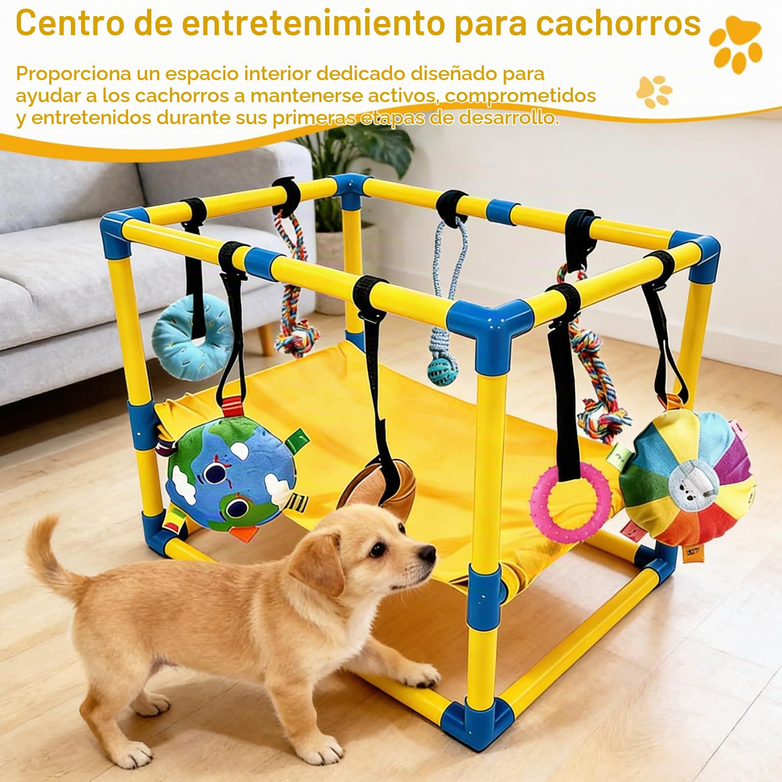 Gimnasio de Juego para Cachorros, Sala de Juegos para Perros de 60 x 40 x 40 cm con Hamaca y Juguetes Colgantes Gimnasio Interior de Selva con Juguetes para Perros para Promover el Ejercicio y Mental