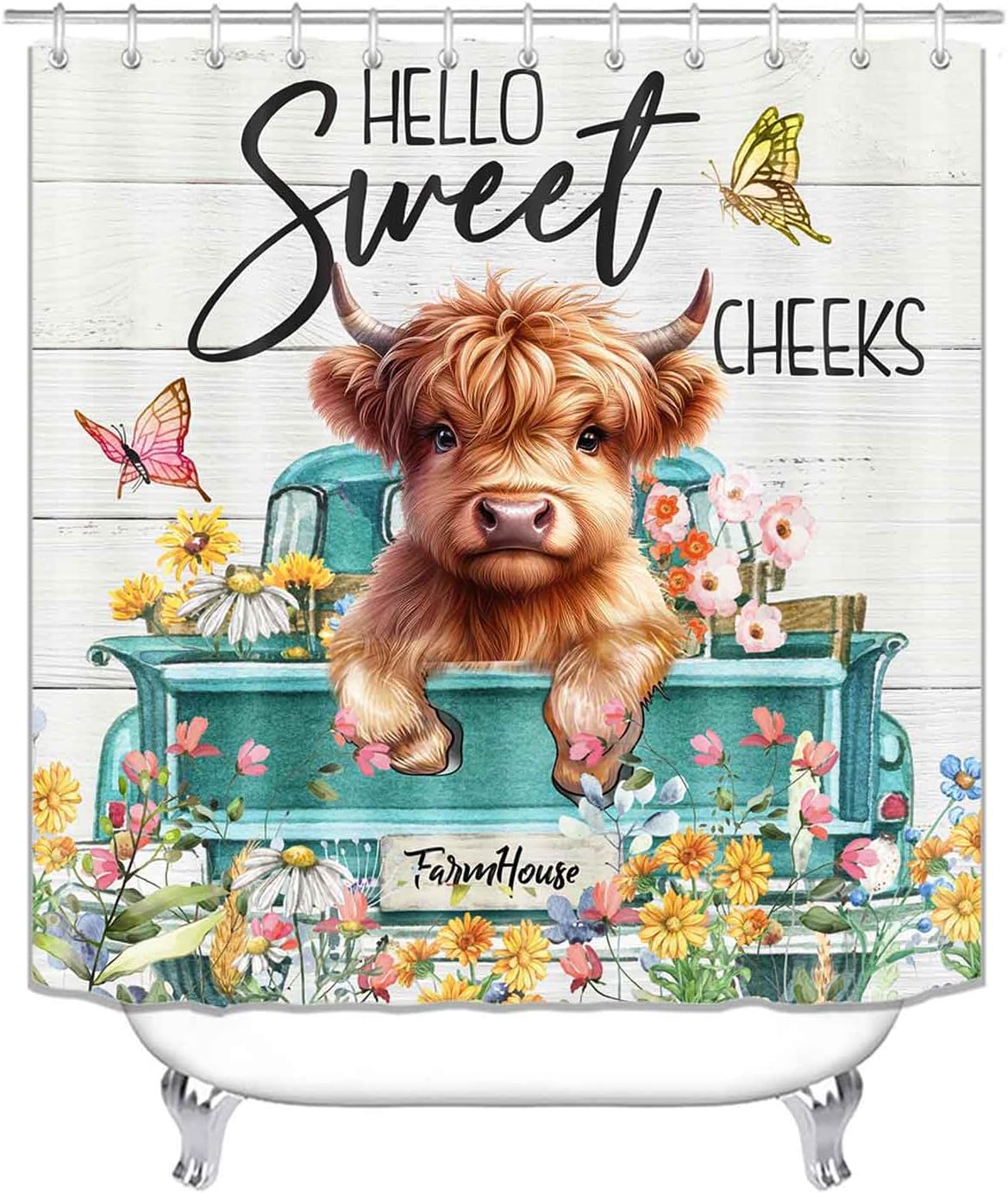 4PCS Funny Highland Cow Shower Curtain Sets with Rugs, Waterproof Fabric Shower Curtain, Teal Truck Bull Cattle Farm Animal Colorful Floral Butterfly Western Country Farmhouse Bathroom Decor