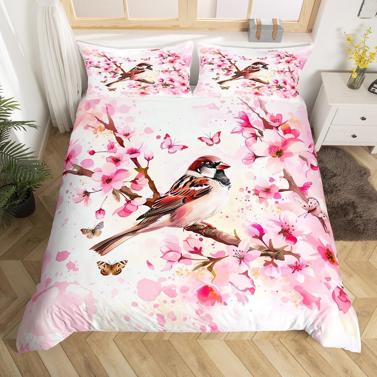 Homemissing Bird Print Nature Theme Duvet Cover Set Single Size For Kids Girls Butterfly Floral Bedding Set Cherry Blossoms Duvet Cover with 1 Pillowcase