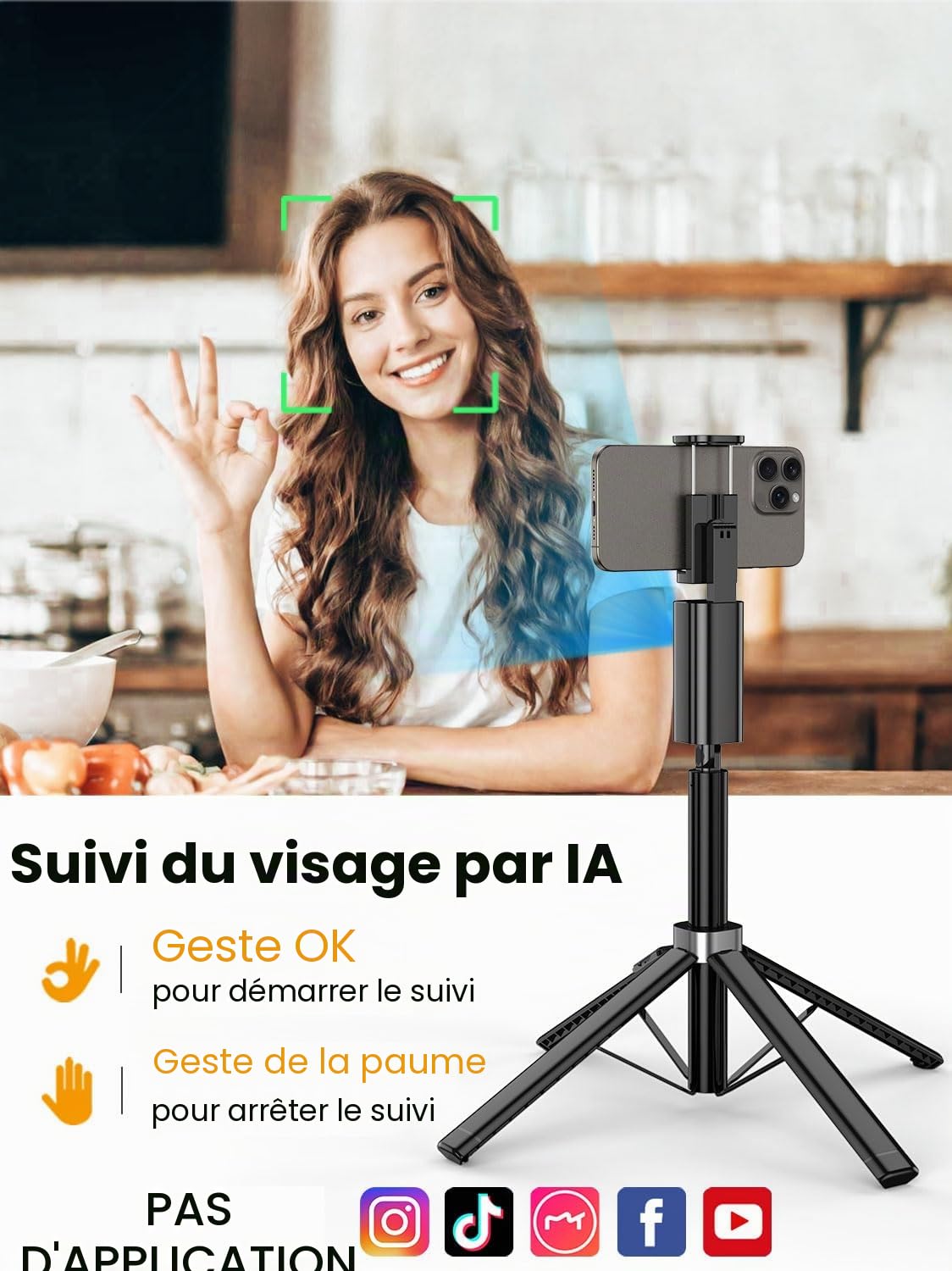 AOCHUAN Trépied de suivi du visage pour iPhone et Android, perche à selfie extensible de 144 cm, télécommande, sans application, contrôle gestuel, essentiel
