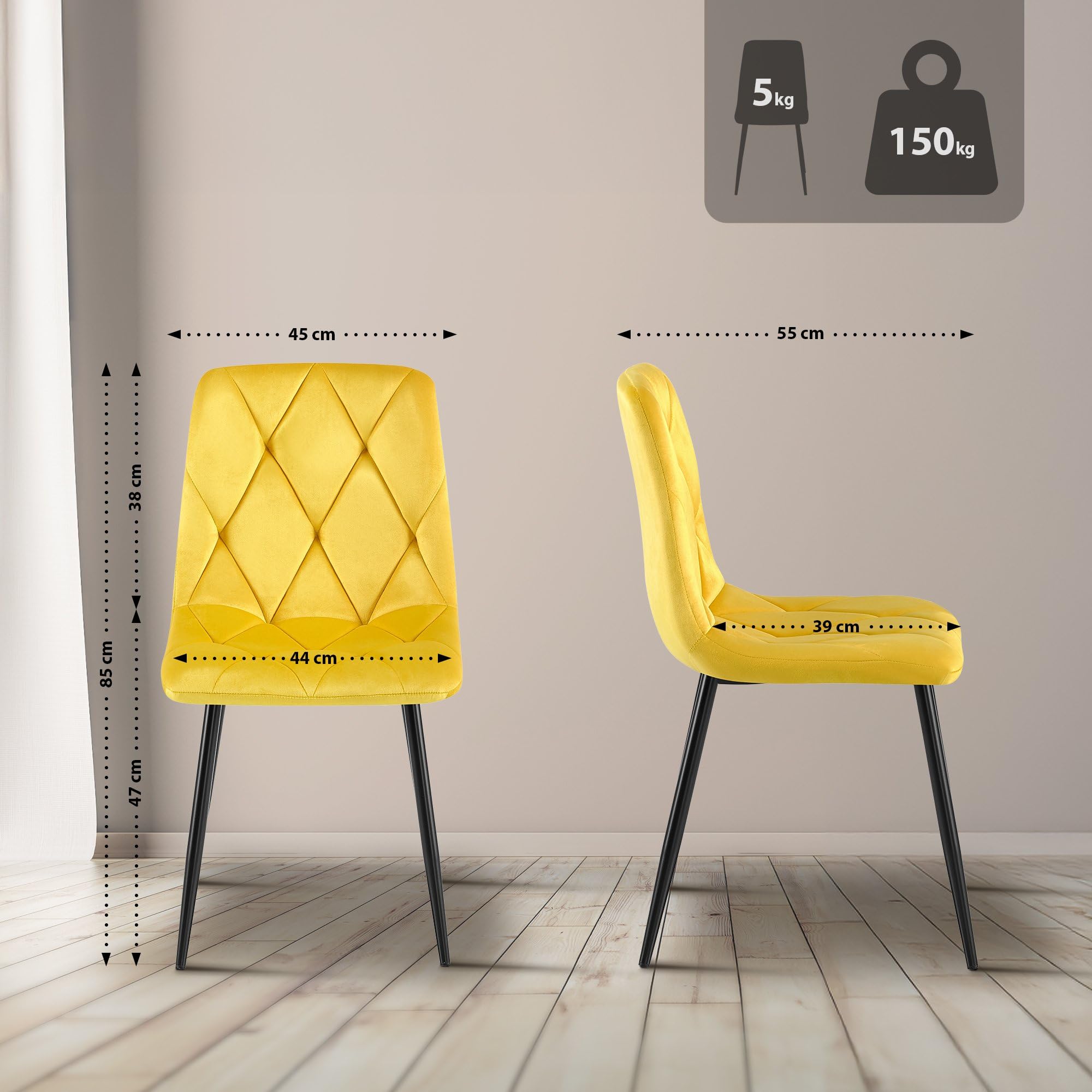 CLP Sedia da pranzo set di 2 Clairton, sedia imbottita con rivestimento trapuntato, struttura in metallo nero, supporto fino a 150 kg Colore:giallo;Materiale:Velluto