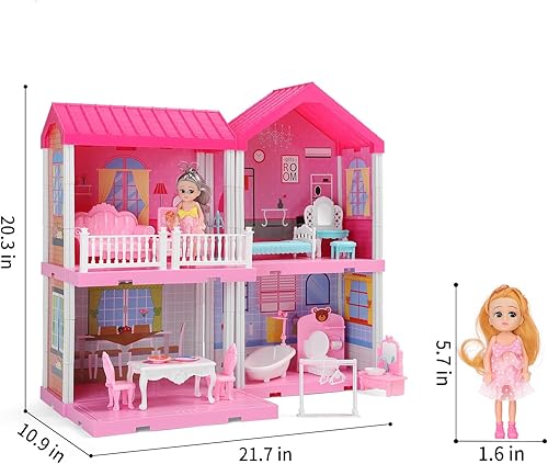 Miniatura 23 de Juego de villa para niñas de 3 a 7 años, juego de interior para niñas de 6 a 8 años con 4 pisos, 11 habitaciones, 2 muñecas, muebles y accesorios