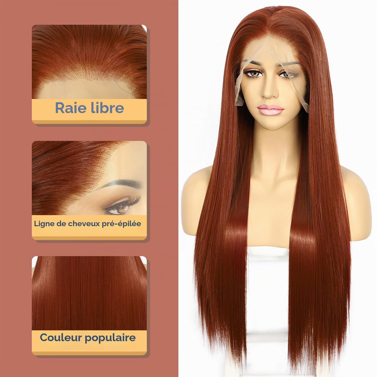 Sapphirewigs Perruque longue et droite 13x6 en dentelle Perruque cuivre rouge pour femmes Cheveux synthétiques droits à 150% de densité Pour fêtes et usage quotidien Noël 66 cm
