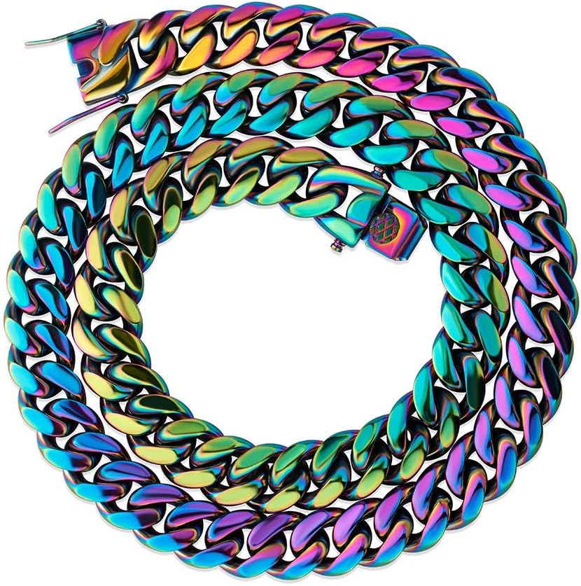 TOPGRILLZ Colorful Cuban Link Necklace 10,14mm Stainless Steel Solid Rainbow Gold Silver Hip Hop Miami Cuban Chunky Thick Chain Necklace For Men Women