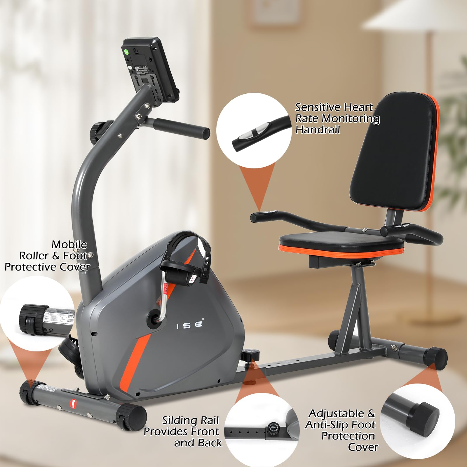 ISE Bicicleta Estática con Respaldo, 8 Niveles de Resistencia, Sensor de Pulso, Bicicleta Estática Elíptica con Soporte, para Ejercicios de Recuperación, Máx. 110 kg