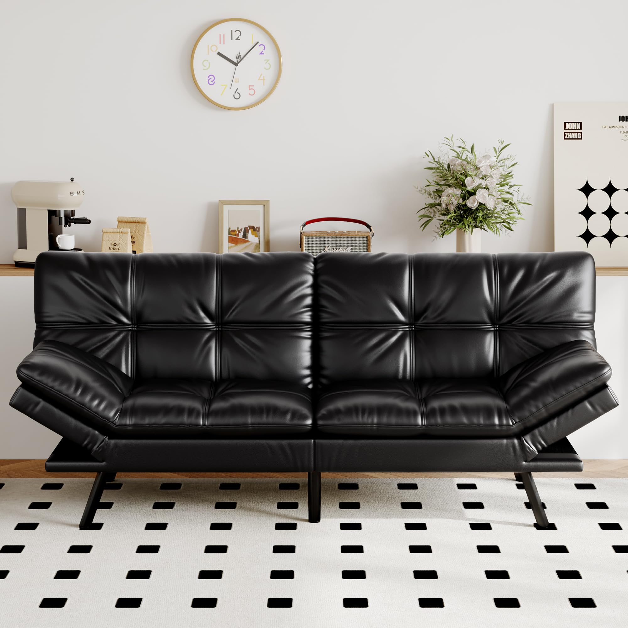 AMICLIBER Futon Sofa Bed Convertible Couch, Black Faux Leather Sofa Bed with Memory Foam, Adjustable Backrest & Armrests, Multifunctional Small