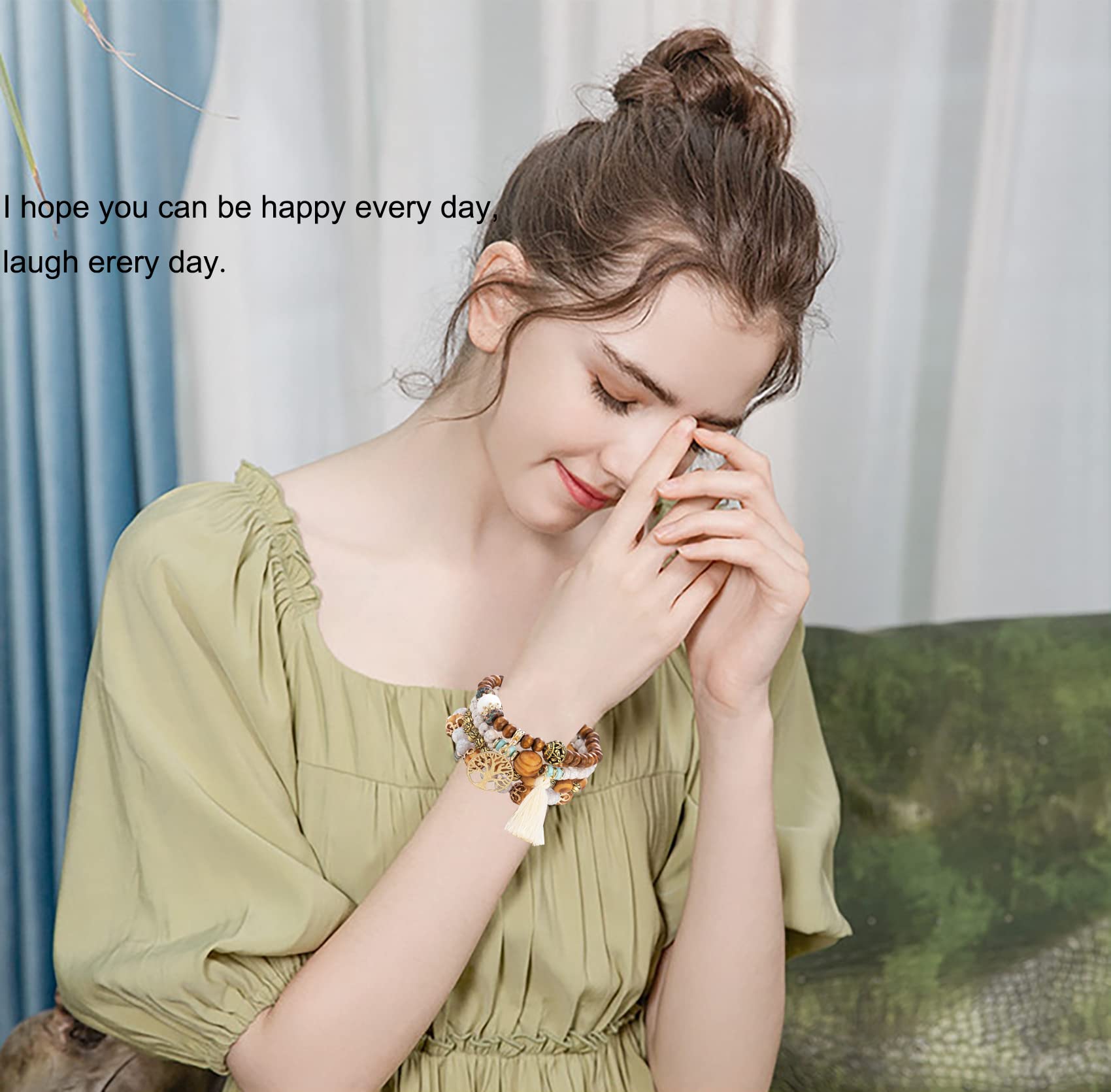 Tree of Life Bracelets for Women Bohemian Stretch Wood Beaded Bracelets for Women Boho Tassel Bracelet Multilayer Stackable Bracelets Christmas Birthday Jewelry for women.