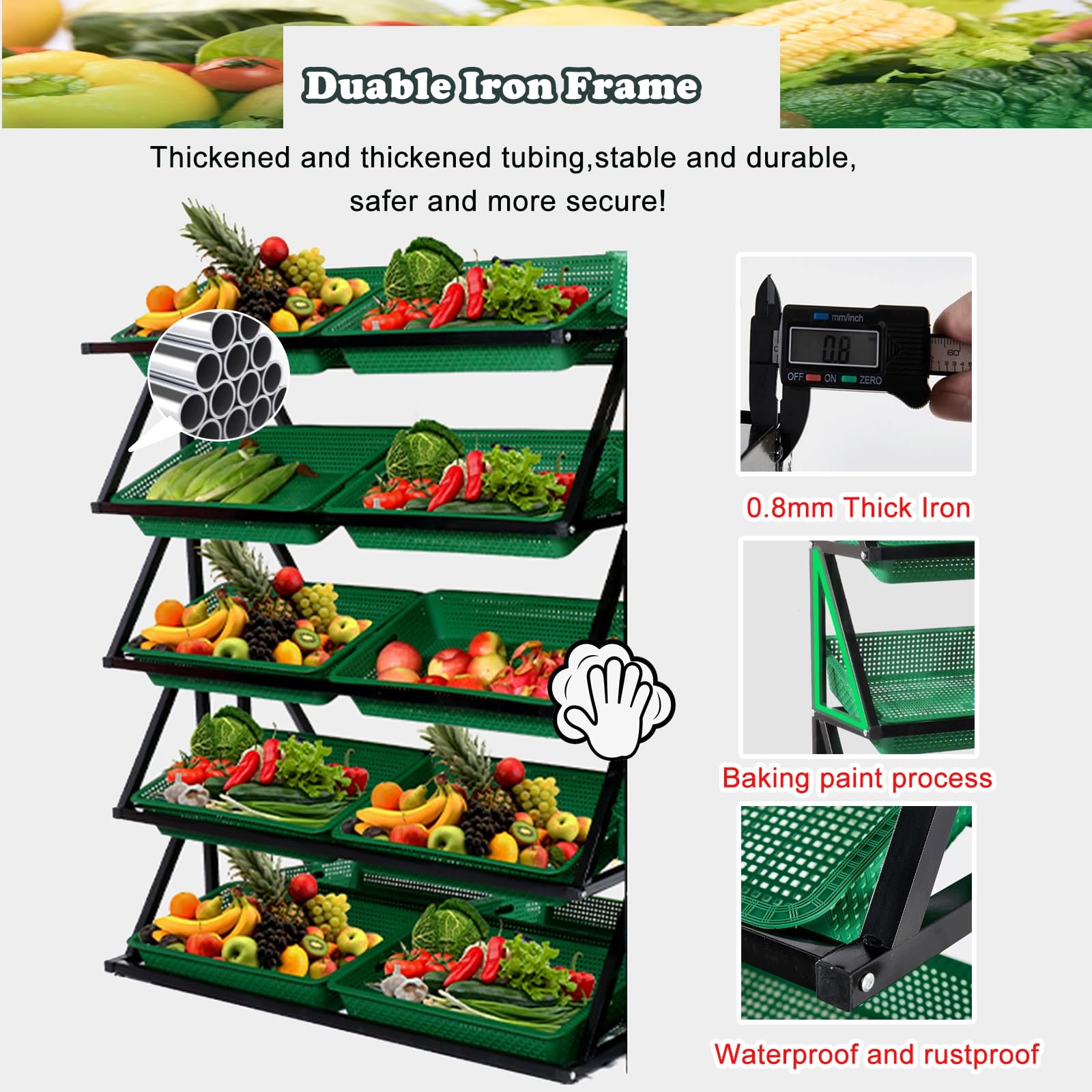Generisch Obst- und Gemüseaufbewahrungsregal, grünes Obst- und Gemüseregal, 5-stöckiger Verkaufsständer für Wochenmärkte, 110–140 cm hoch, freistehendes Snackregal, Tragkraft bis 300 kg