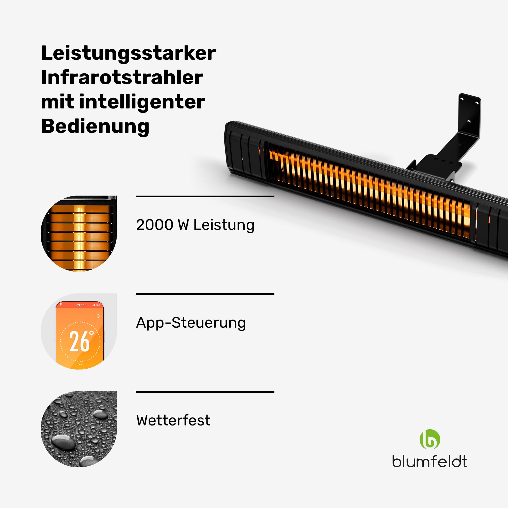 blumfeldt Infrarotheizung 2000 W – Wand & Deckenmontage, IP65 Wasserdicht, 9 Heizstufen, Smarte WLAN-Steuerung, Goldröhren, Kindersicherung, für Balkon, Terrasse & Garten