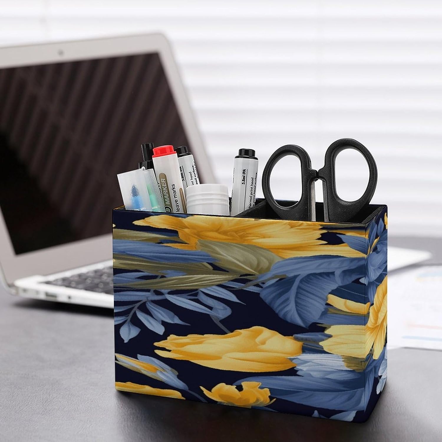 Blue Base Yellow Floral Pen Holder Double Compartments Pen Cup Fashion Makeup Brush Holders Leather Pencil Holder for Work Locker Accessories Modern Pencil Cup for Desk Organizer image 5