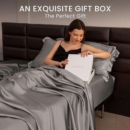 Miniatura 7 de THXSILK Juego de sábanas de seda de 4 piezas, juego de sábanas tamaño King, 22 sábanas de seda Momme 7A+, sábanas suaves y transpirables con 1
