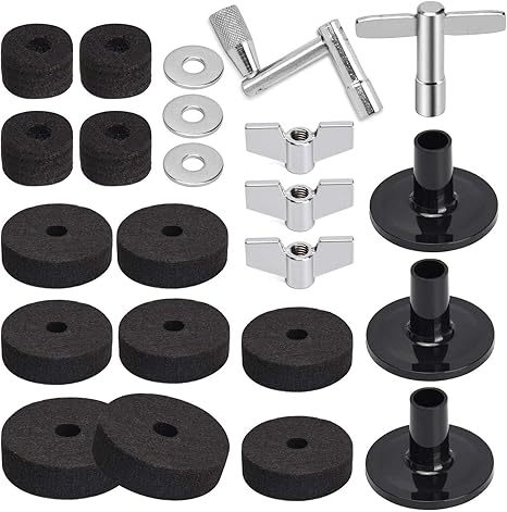 Facmogu 23PCS Cymbal Replacement Accessories, Cymbal Stand Felts, Drum Felt Pads Include Wing Nuts, Washers, Sleeves & Drum Key Accessory Set - Black