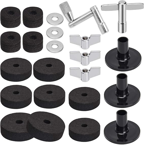 Facmogu 23PCS Cymbal Replacement Accessories, Cymbal Stand Felts, Drum Felt Pads Include Wing Nuts, Washers, Sleeves & Drum Key Accessory Set - Black