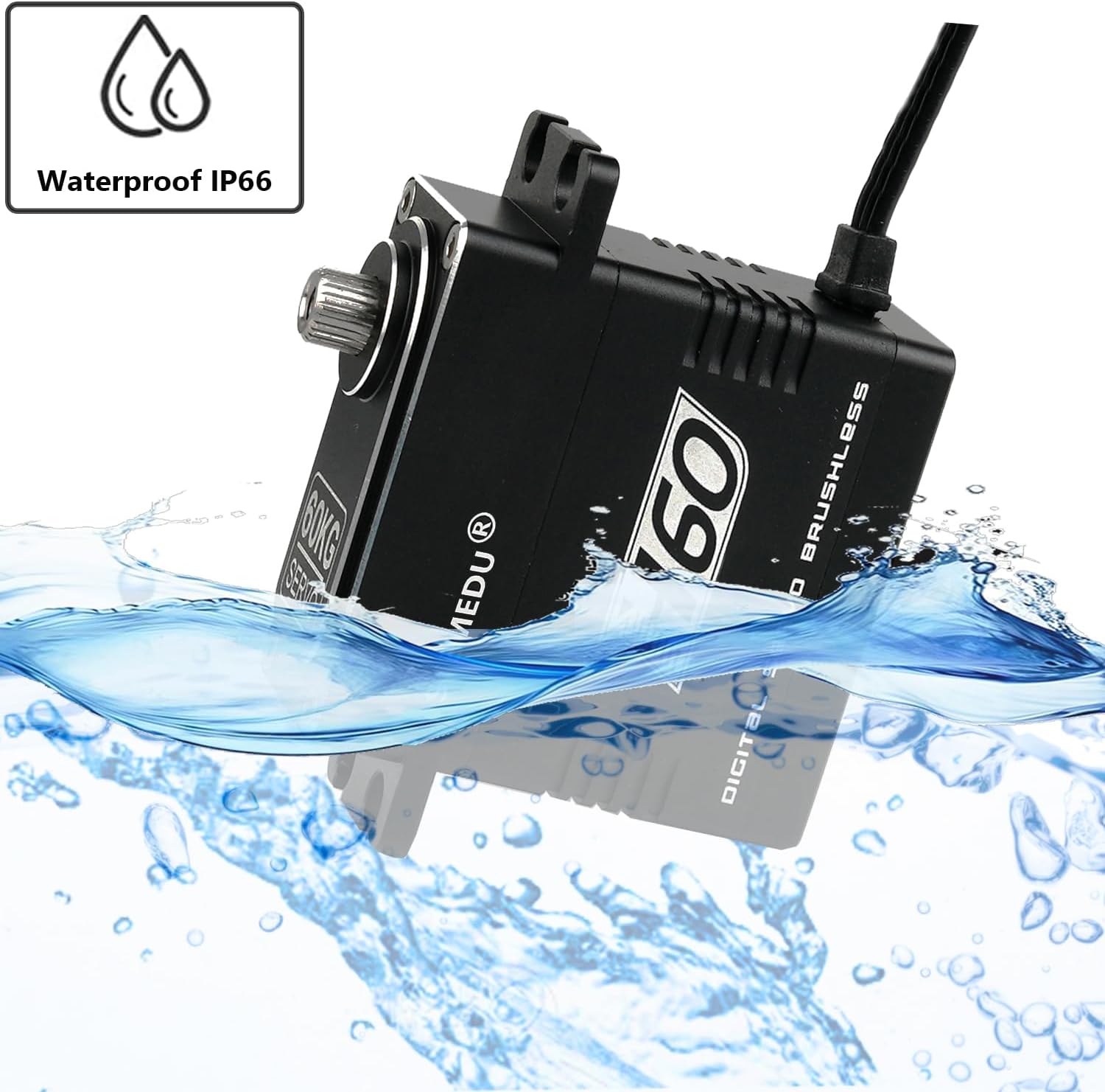 Stemedu H60-180 RC Servo submerged in water demonstrating IP66 waterproof rating