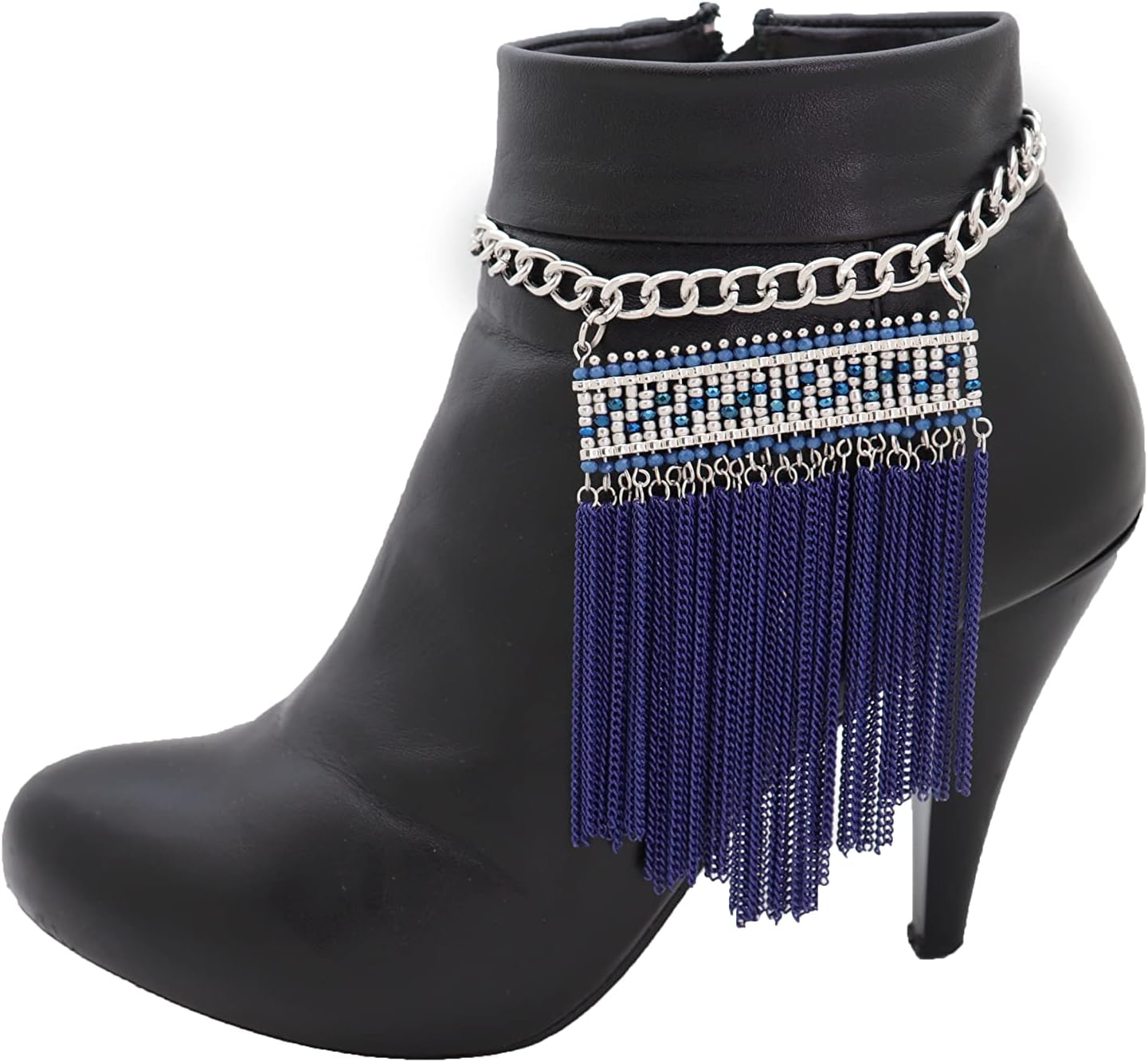 TrendyFashionJewelry Women Western Boot Chain Silver Metal Bling Bracelet Anklet Heel Blue Tassel Fringes Ethnic Style Charm PAIR BC258