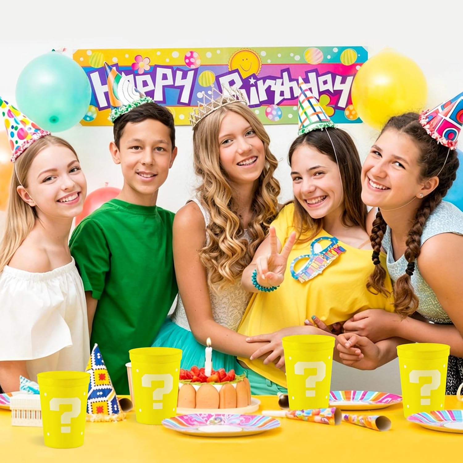 24 Pcs Yellow Party Decoration Cups 12oz Reusable Plastic Cups Cartoon Themed Birthday Party Tumblers Bulk for Smoothie Juice Ice Coffee