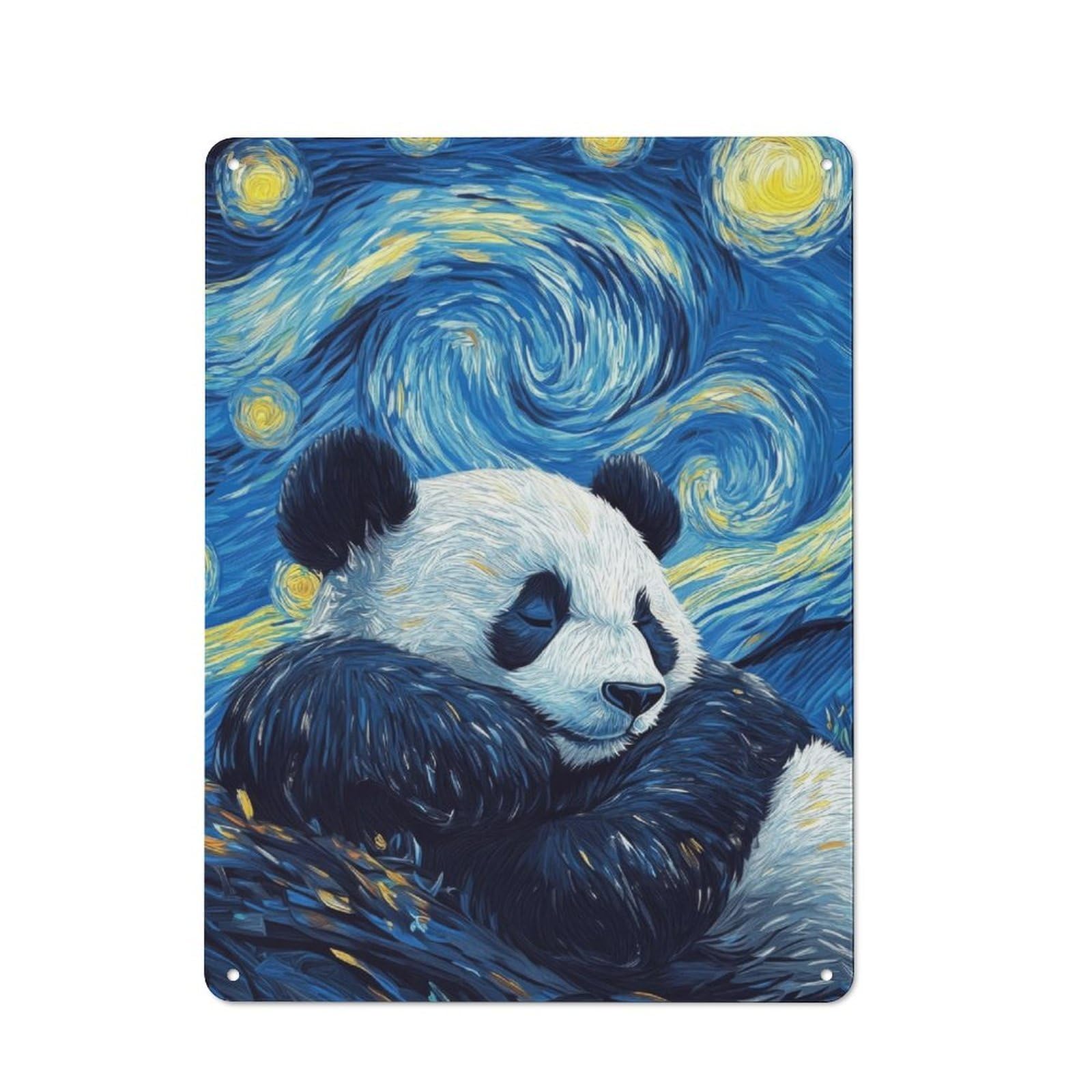 Junmoney Panda Starry Night Warehouse Style Metal Wall Decor 40X30cm, Tin Wall Sign For Modern Home, Workshop, Office Or Cafe