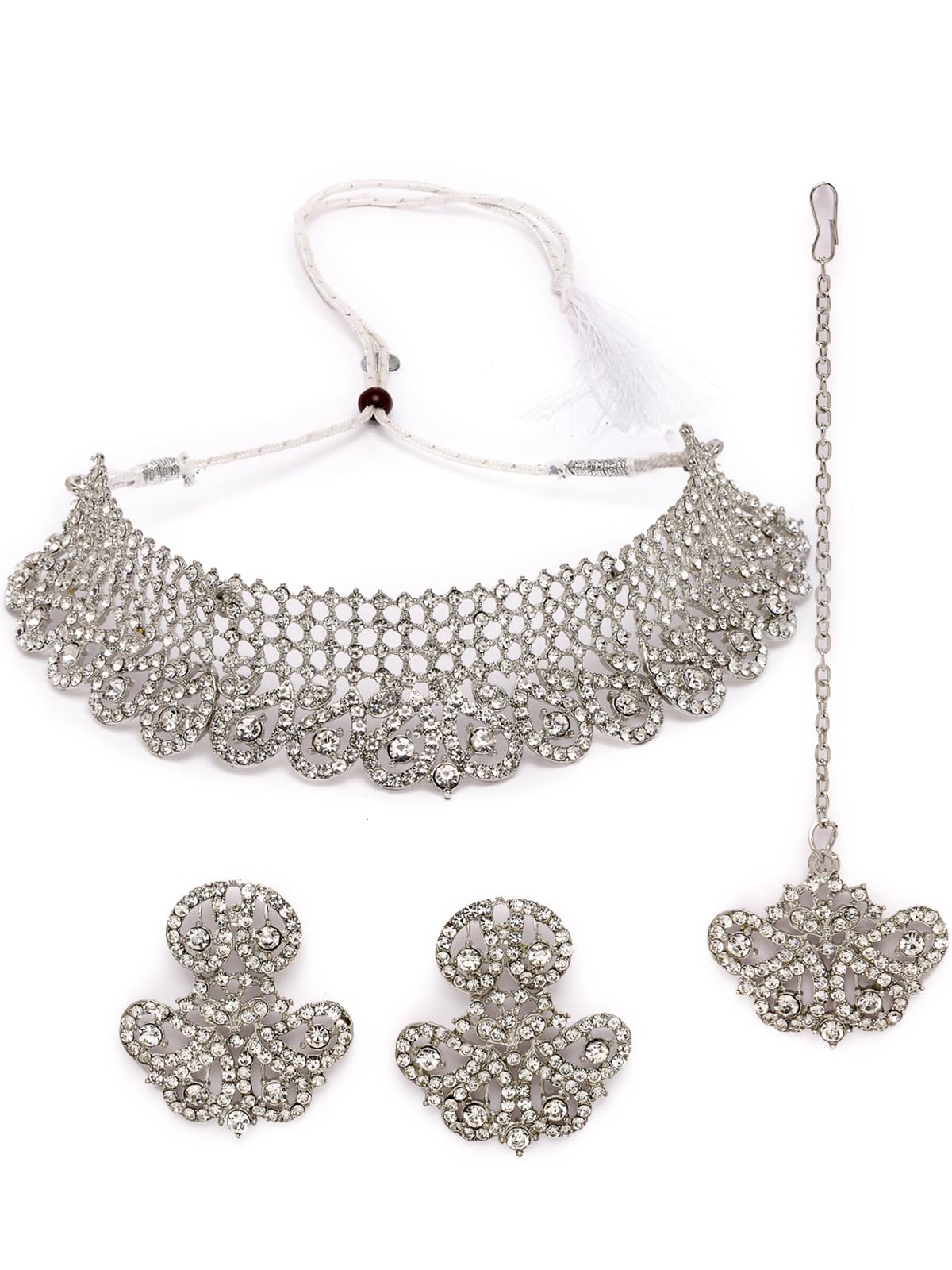 Sukkhi Stylish Shiny Rhodium Plated Silver AD Stones Choker Necklace Set With Earring And Maangtika | Jewellery Set For Women (NS105607) (B0CBPG78ZB) Amazon Price History, Amazon Price Tracker