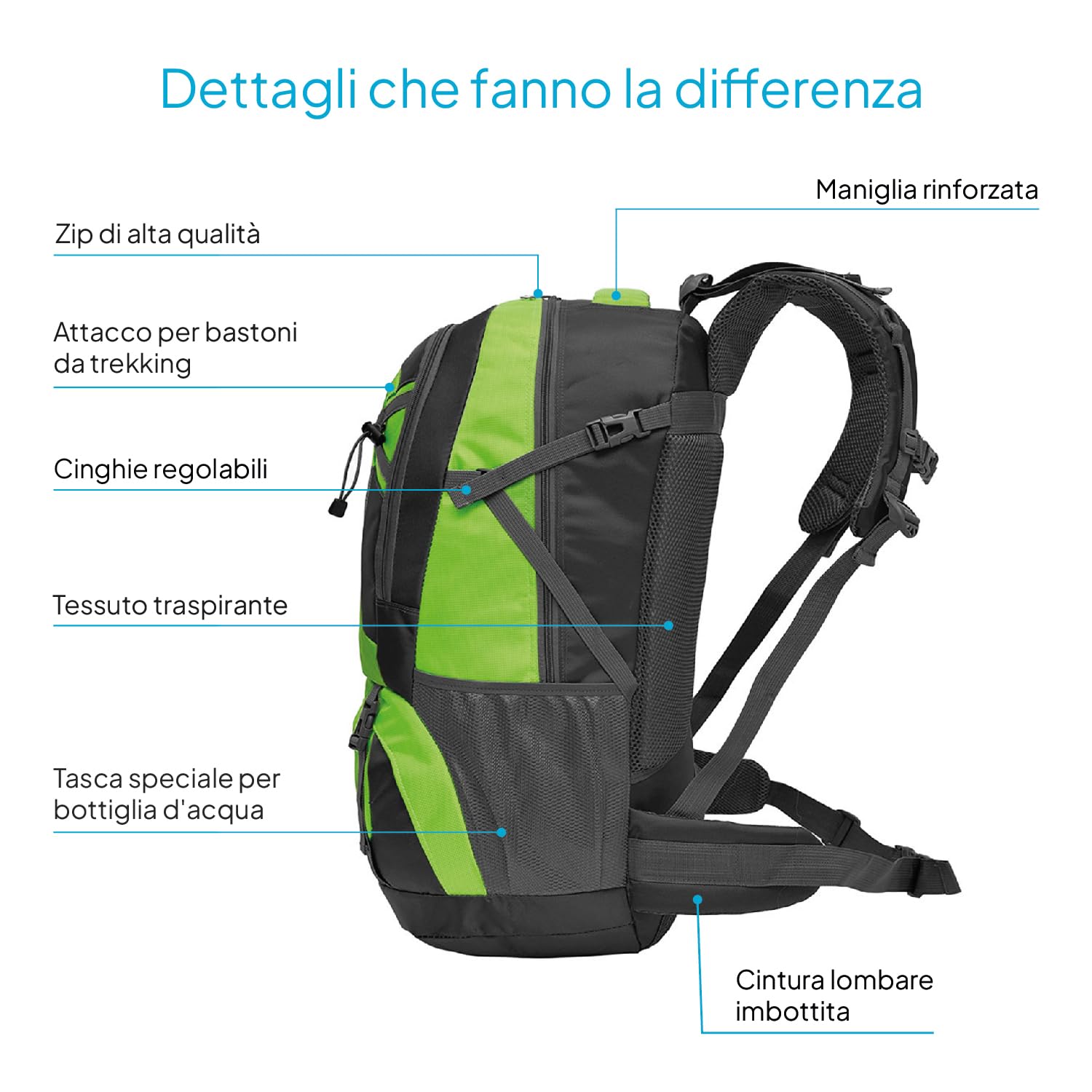 OcioDual Zaino Trekking 40 Litri Verde, Zaino Montagna Leggero Impermeabile Pieghevole, Zaini Campeggio, Escursionismo, Attraversamenti, Backcountry, Walking, Sport