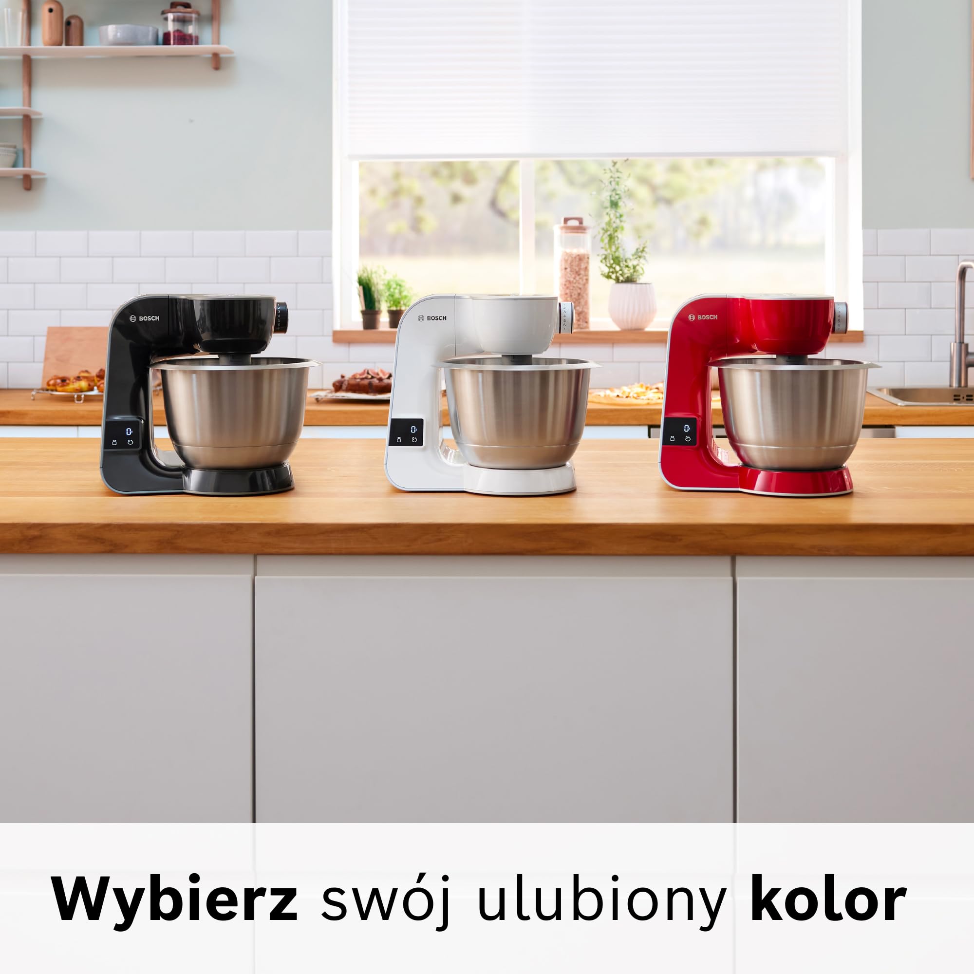 Bosch, mikser stojący, MUM5, 1000 W, 7 ustawień prędkości, miska ze stali nierdzewnej 3,9 l, zestaw do ciast w zestawie, waga, timer, blender, ciągła szatkownica z czterema dyskami, czerwony, MUM5X720