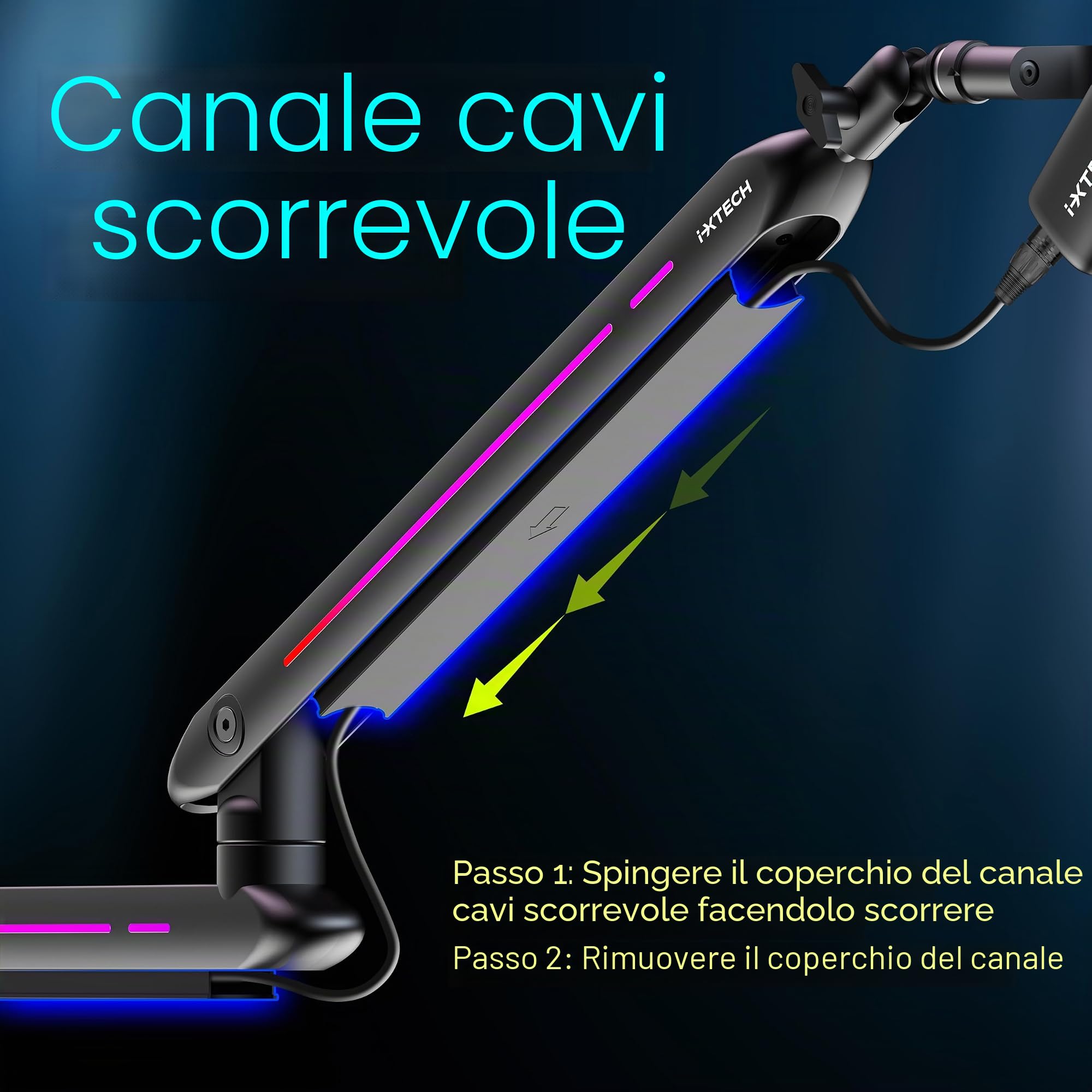 IXTECH Braccio RGB a basso profilo per microfono, supporto regolabile con morsetto per montaggio a scrivania, braccio girevole per gestione dei cavi per podcast streaming
