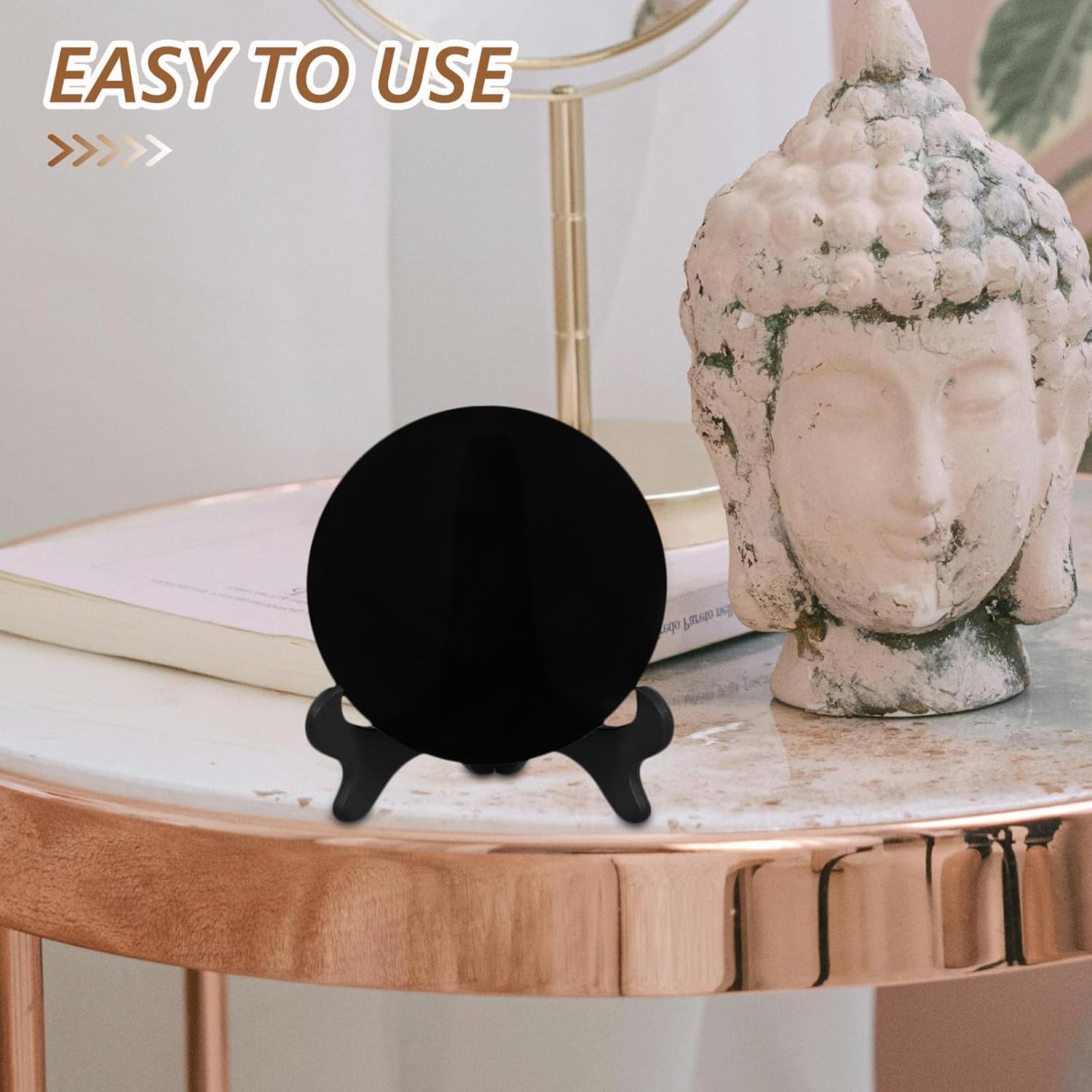 Beavorty Obsidian Scrying Mirror with Stand 4.7-Inch Black Circle Disc for Meditation Divination Feng Shui Table Decoration