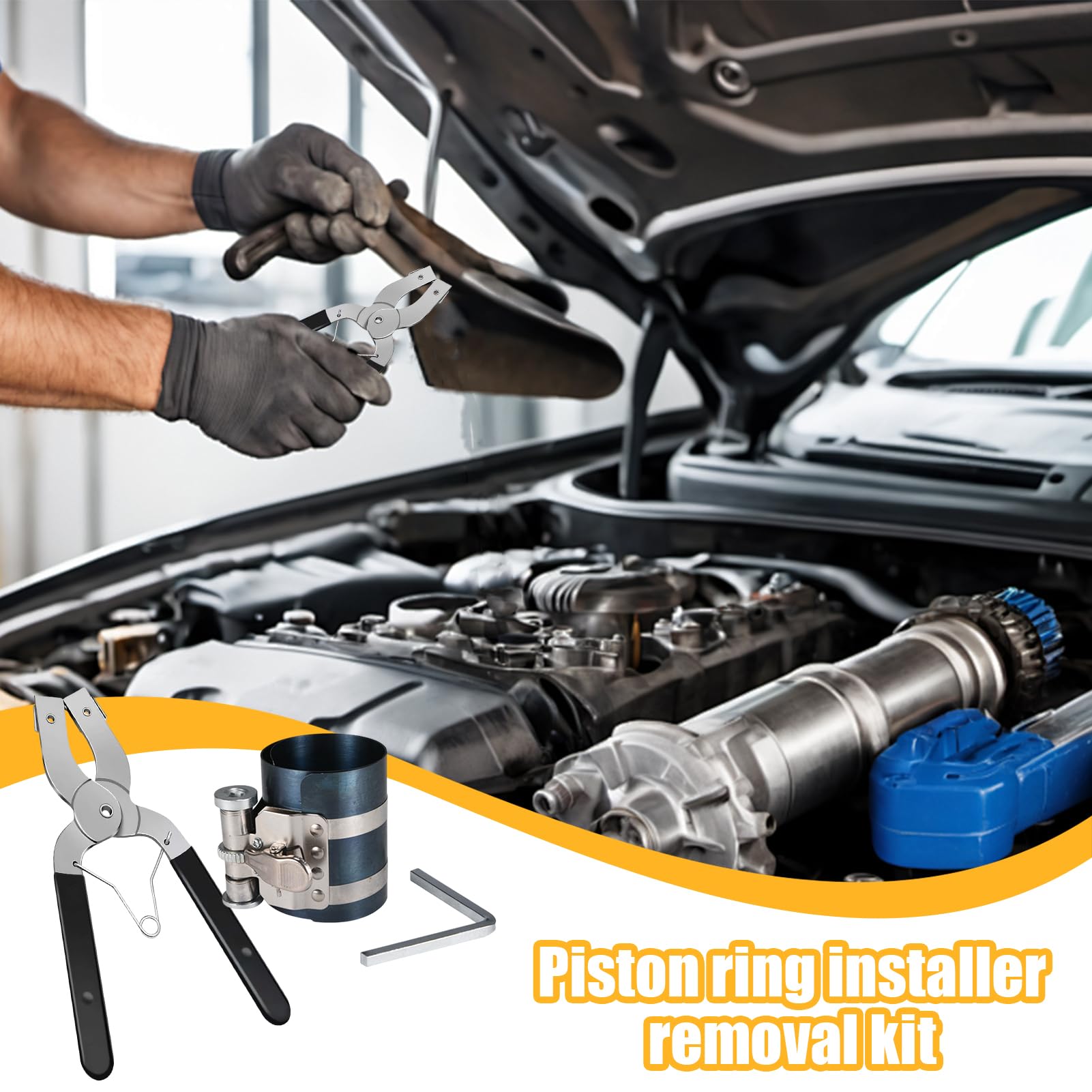 Compresor de Aros de Pistón - Herramienta de Acero para Motores de Coche - Equipo de Mantenimiento Ajustable con Alicates para Turismos y Autocaravanas