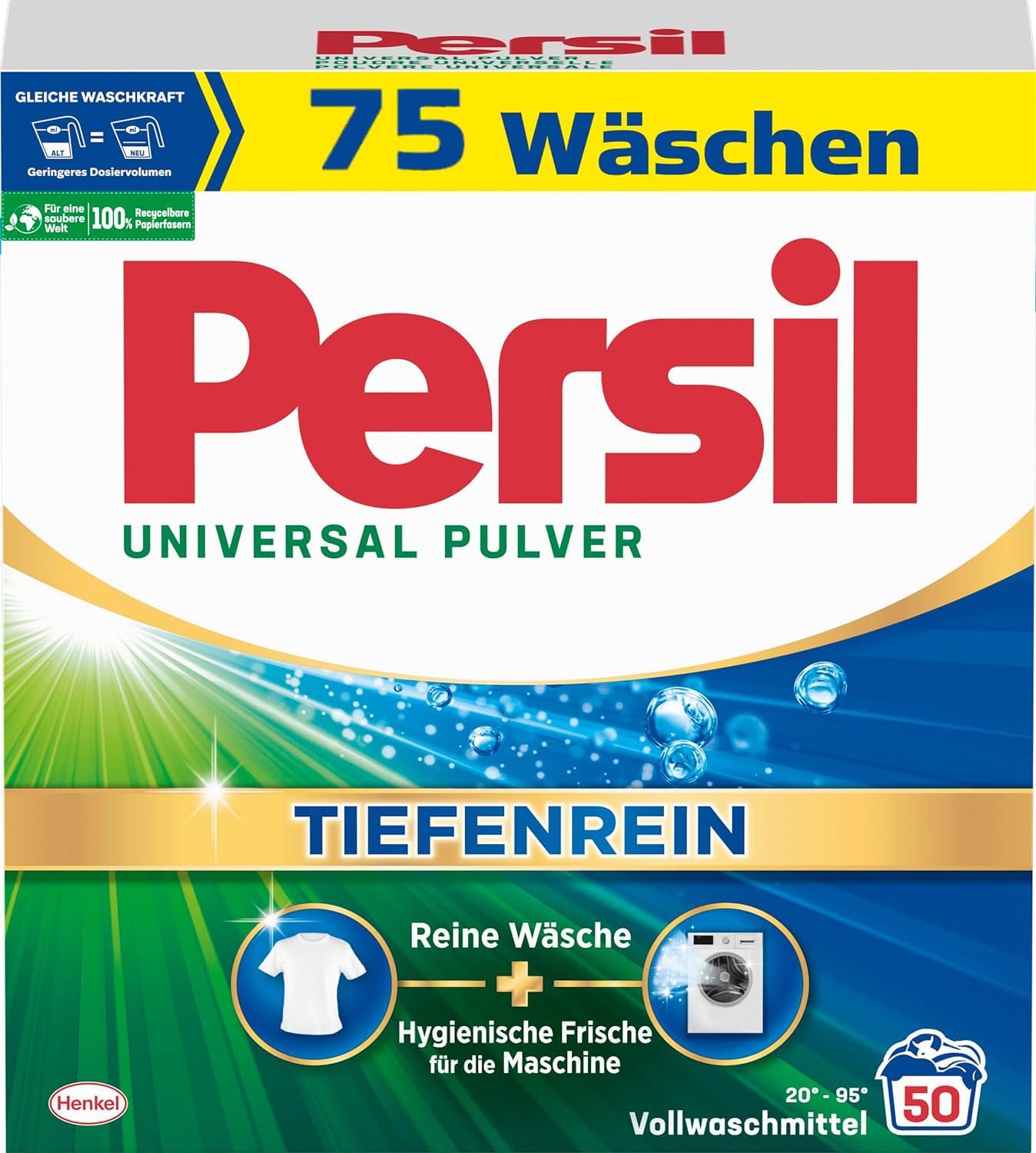 Persil Polvo universal de limpieza profunda (75 lavados), detergente completo para ropa pura y frescura higiénica para la máquina, eficaz de 20 °C a 95 °C