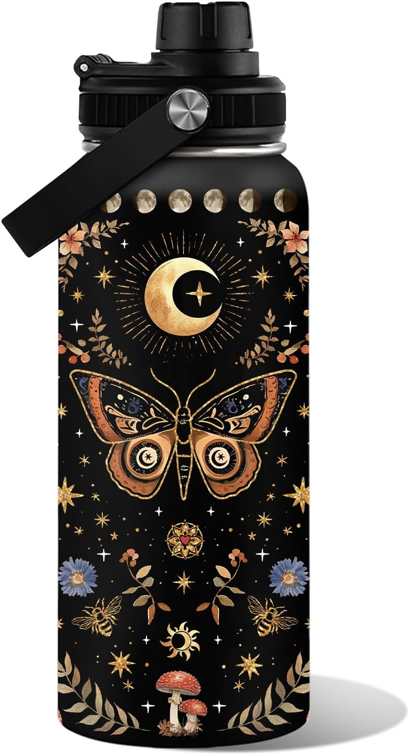 WWHSAI Orange Butterfly Moon Flower Water Bottle 32oz, Boho Aesthetic Stainless Steel Tumbler With Lid, Double Wall Vacuum Insulated Vintage Coffee Travel Cup, Christmas Birthday Gift for Women Girls