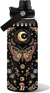 Orange Butterfly Moon Flower Water Bottle 32oz - Boho Stainless Steel Insulated Tumbler with Lid