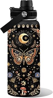 Orange Butterfly Moon Flower Water Bottle 32oz, Boho Aesthetic Stainless...