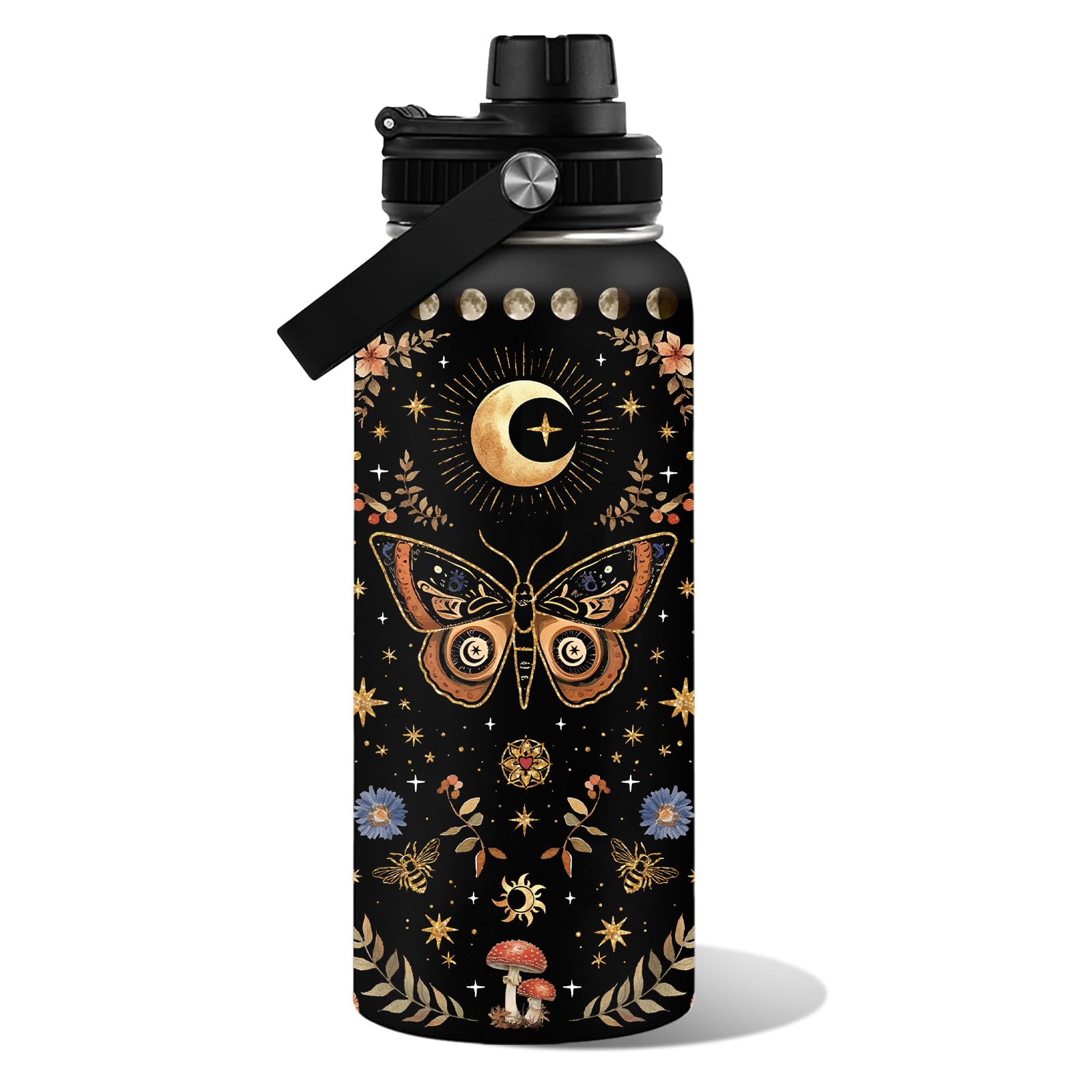 WWHSAI Orange Butterfly Moon Flower Water Bottle 32oz, Boho Aesthetic Stainless Steel Tumbler With Lid, Double Wall Vacuum Insulated Vintage Coffee