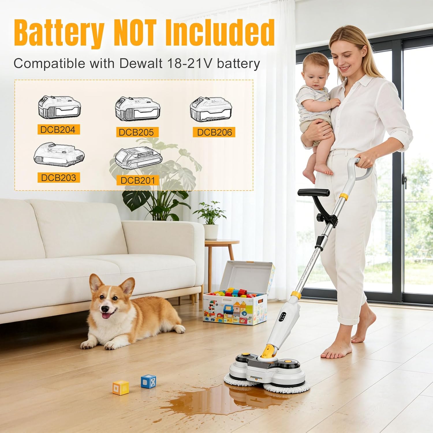 Cordless Electric Mop for Dewalt 20V Battery (NO Battery), 2 in 1 Automatic Spin Mop & Electric Floor Scrubber Machine with LED Light & Water Spray, 800 RPM Rotating Electric Mops for Floor Cleaning