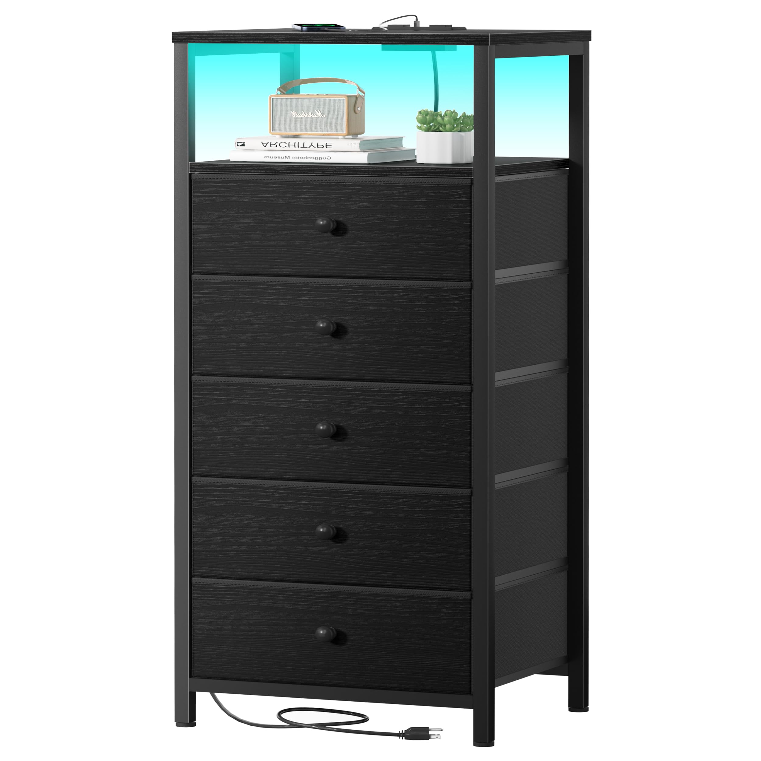 Black Dresser with Charging Station & LED Light