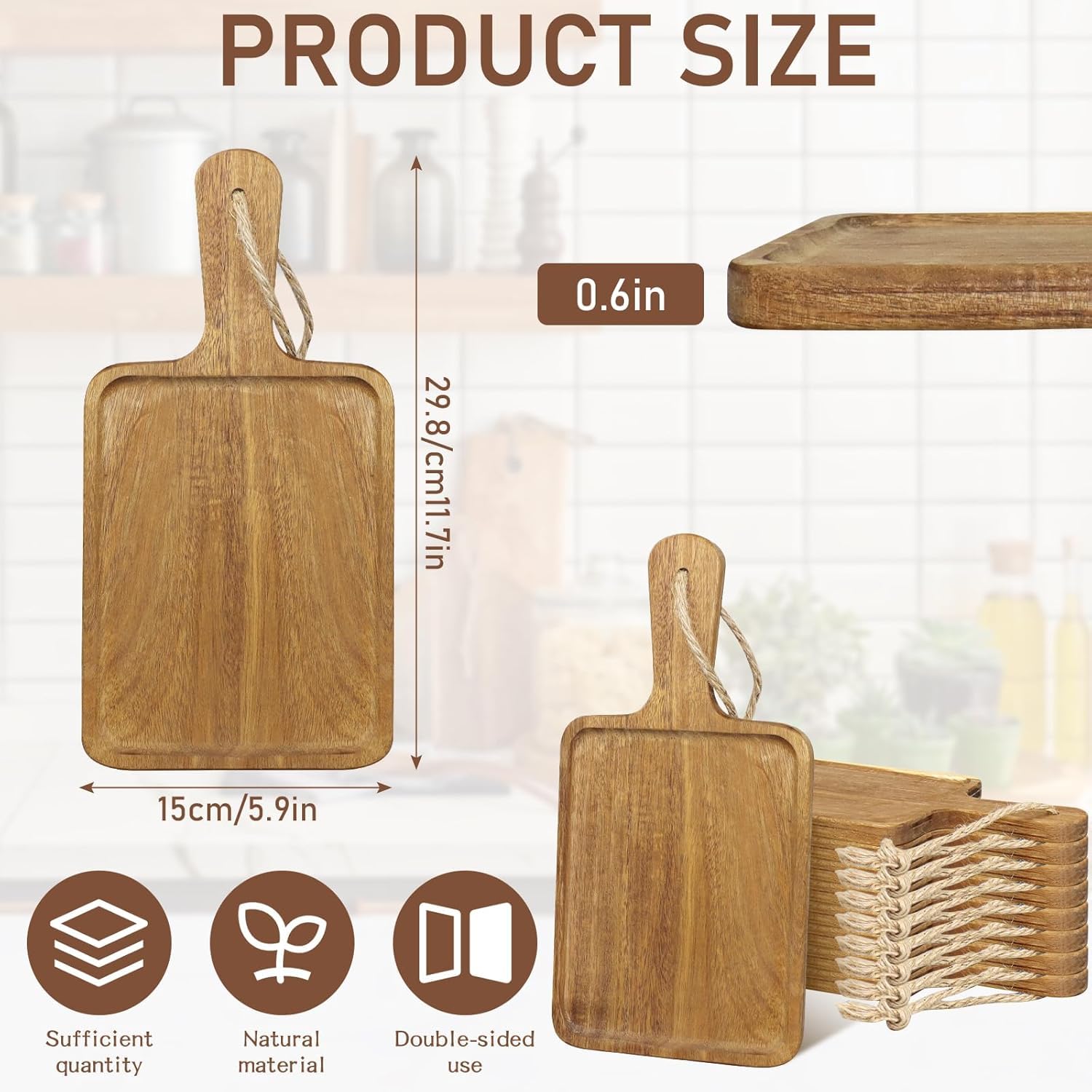 Lot de 16 Planches à Découper en Bois d’Acacia avec Poignée, 20 x 15 x 1,5 cm, Plateau de Charcuterie Décoratif pour Pizza, Fromage et Fruits, Planche de Service pour Cuisine et Décoration de Noël