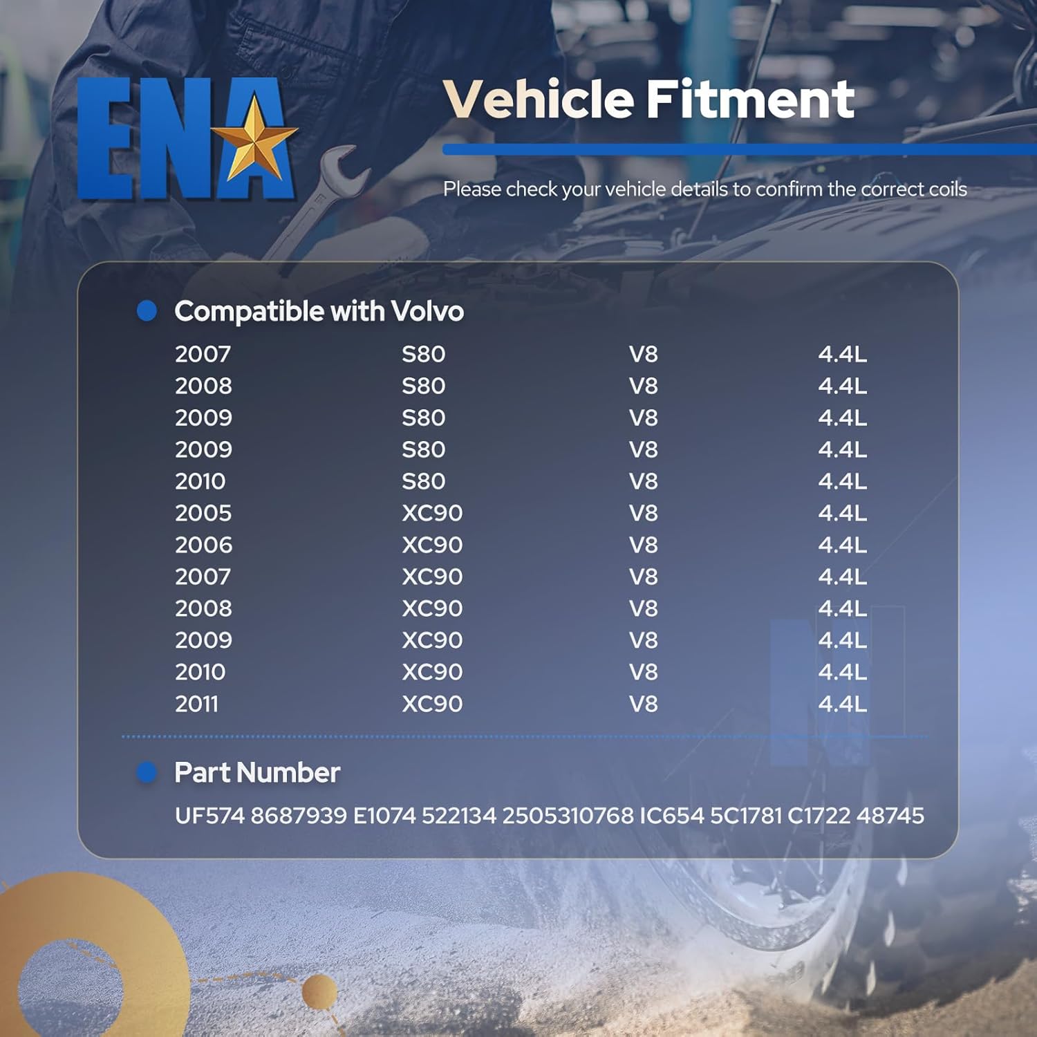 ENA Set of 8 Ignition Coil Pack Compatible with Volvo S80 2007-2010, XC90 2005 2006 2007 2008 2009 2010 2011 V8 4.4L Coils Replacement for UF574 8687939 E1074 522134 2505310768 IC654 5C1781 C1722
