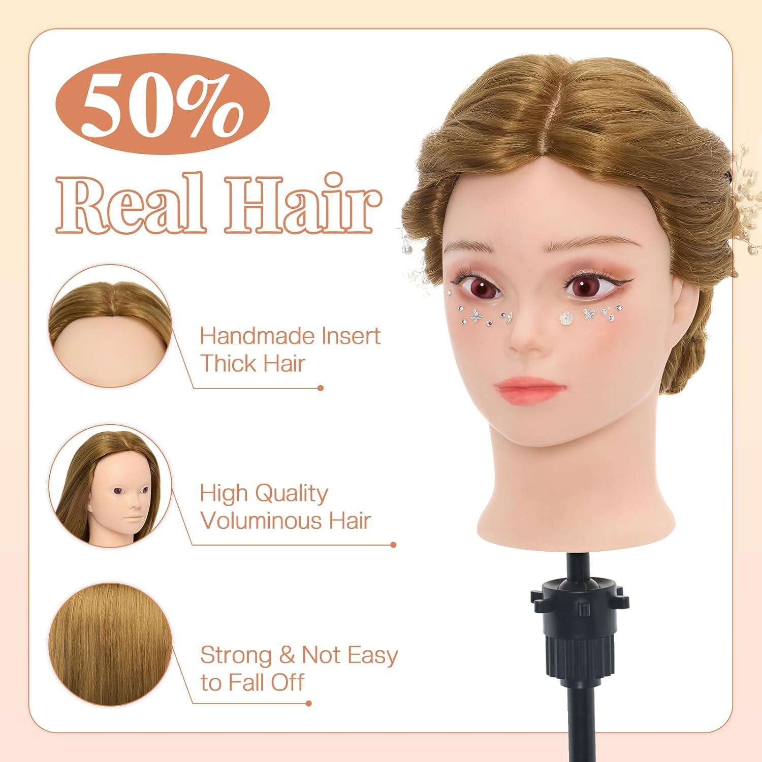Neverland Cabeza de Peluqueria 24" 50% Pelo auténtico Cabeza Para Peinar Cabeza Maniqui Peluqueria Maniquí Muñeca para Peluquería con Soporte + Accesorios de Peinado DIY